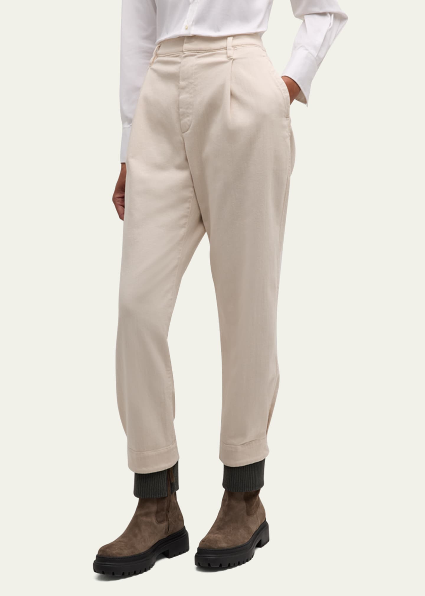 Brunello Cucinelli Pleated Straight-Leg Ankle Cotton Pants With Monili Belt Loop Image 3 of 5
