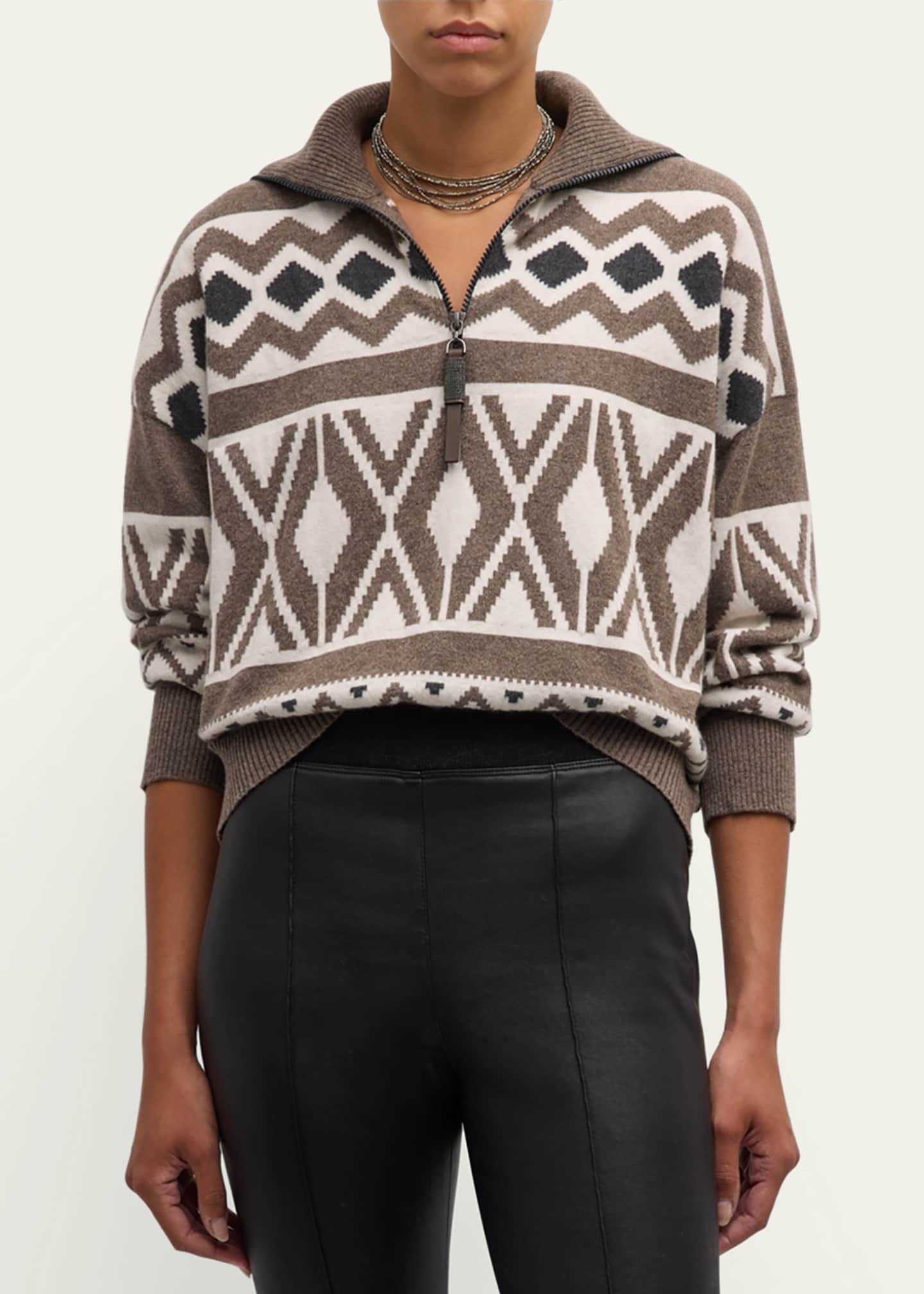 Brunello Cucinelli Retro Fairisle Jacquard Cashmere Quarter-Zip Sweater Image 3 of 4