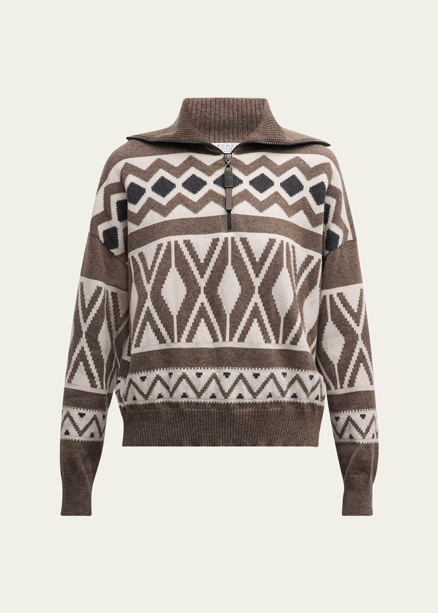 Brunello Cucinelli Retro Fairisle Jacquard Cashmere Quarter-Zip Sweater Image 1 of 4