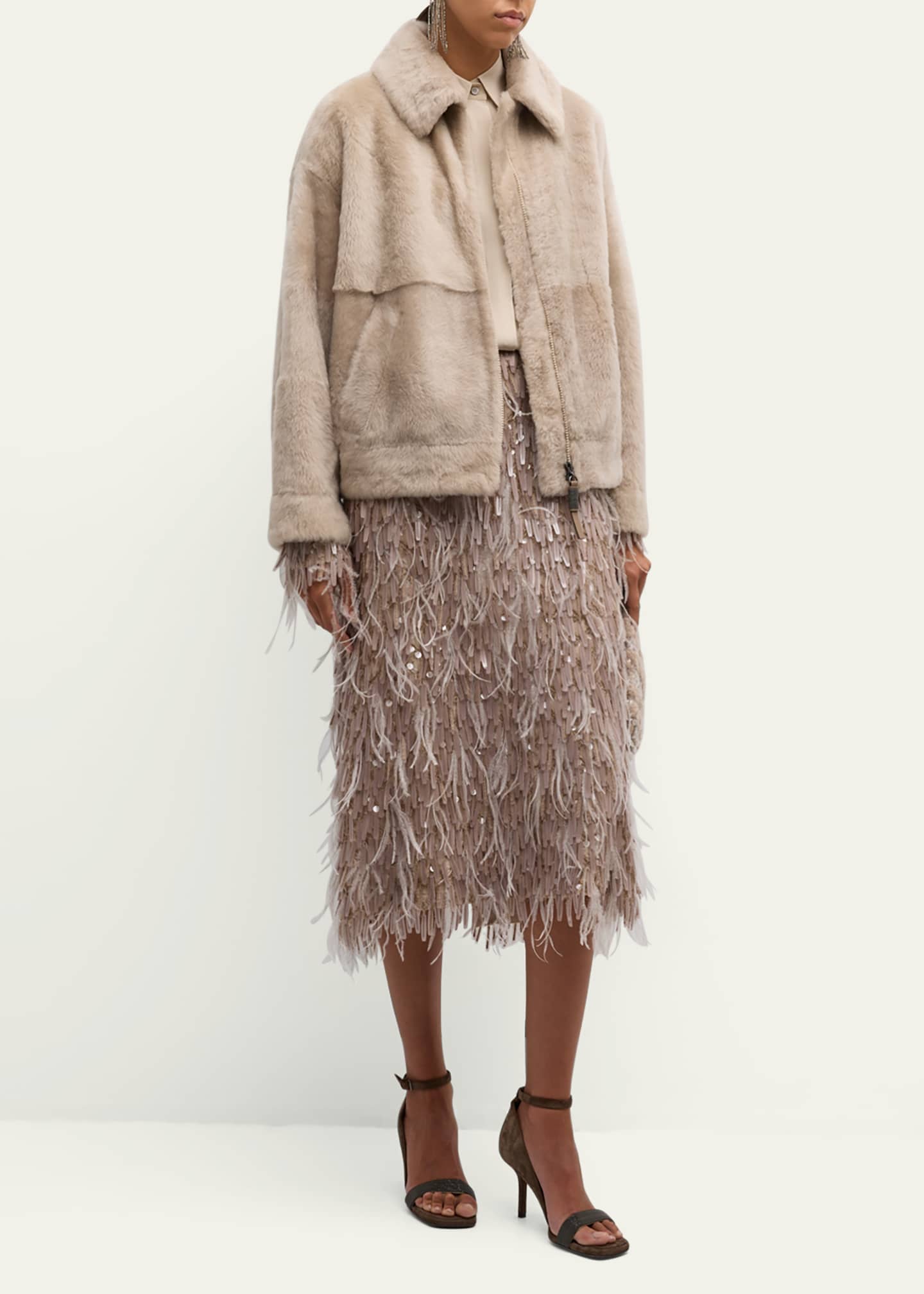 Brunello Cucinelli Chandelier Feather-Cuff Crepe De Chine Blouse Image 2 of 5