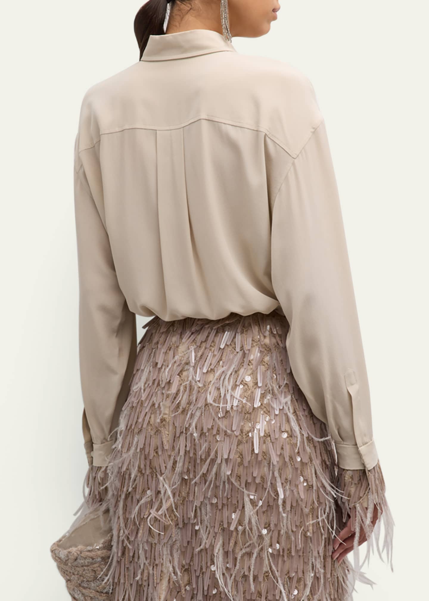 Brunello Cucinelli Chandelier Feather-Cuff Crepe De Chine Blouse Image 3 of 5