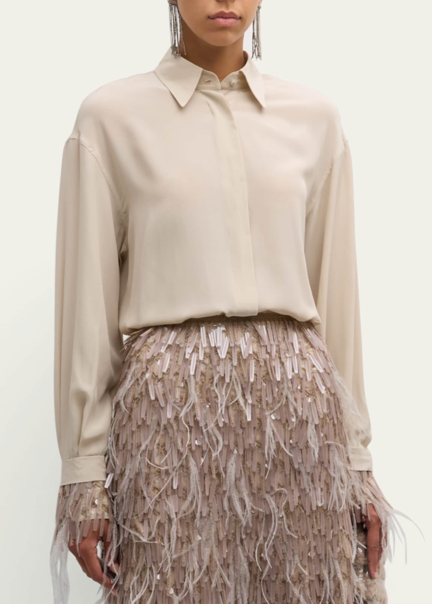 Brunello Cucinelli Chandelier Feather-Cuff Crepe De Chine Blouse Image 4 of 5