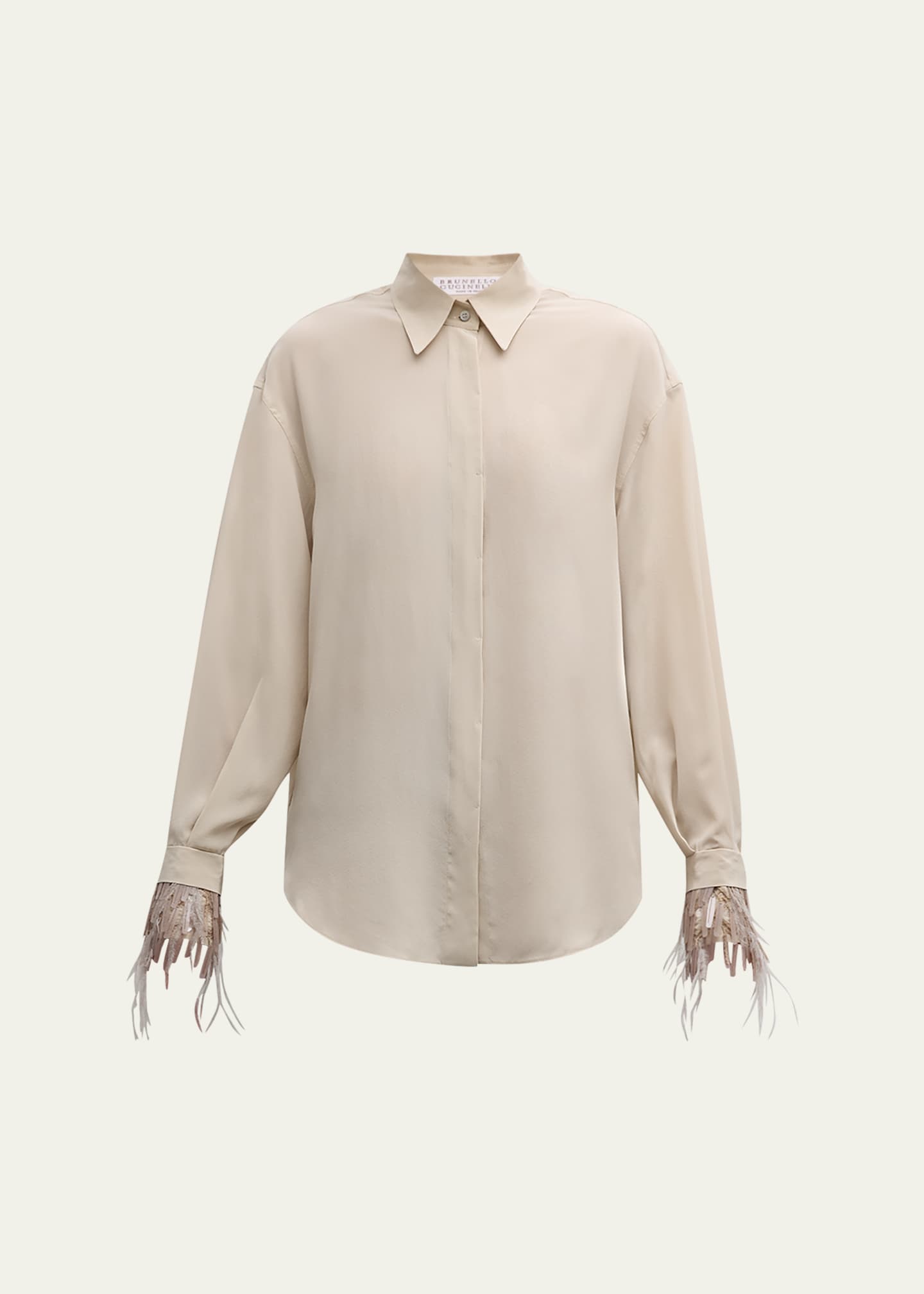 Brunello Cucinelli Chandelier Feather-Cuff Crepe De Chine Blouse Image 1 of 5