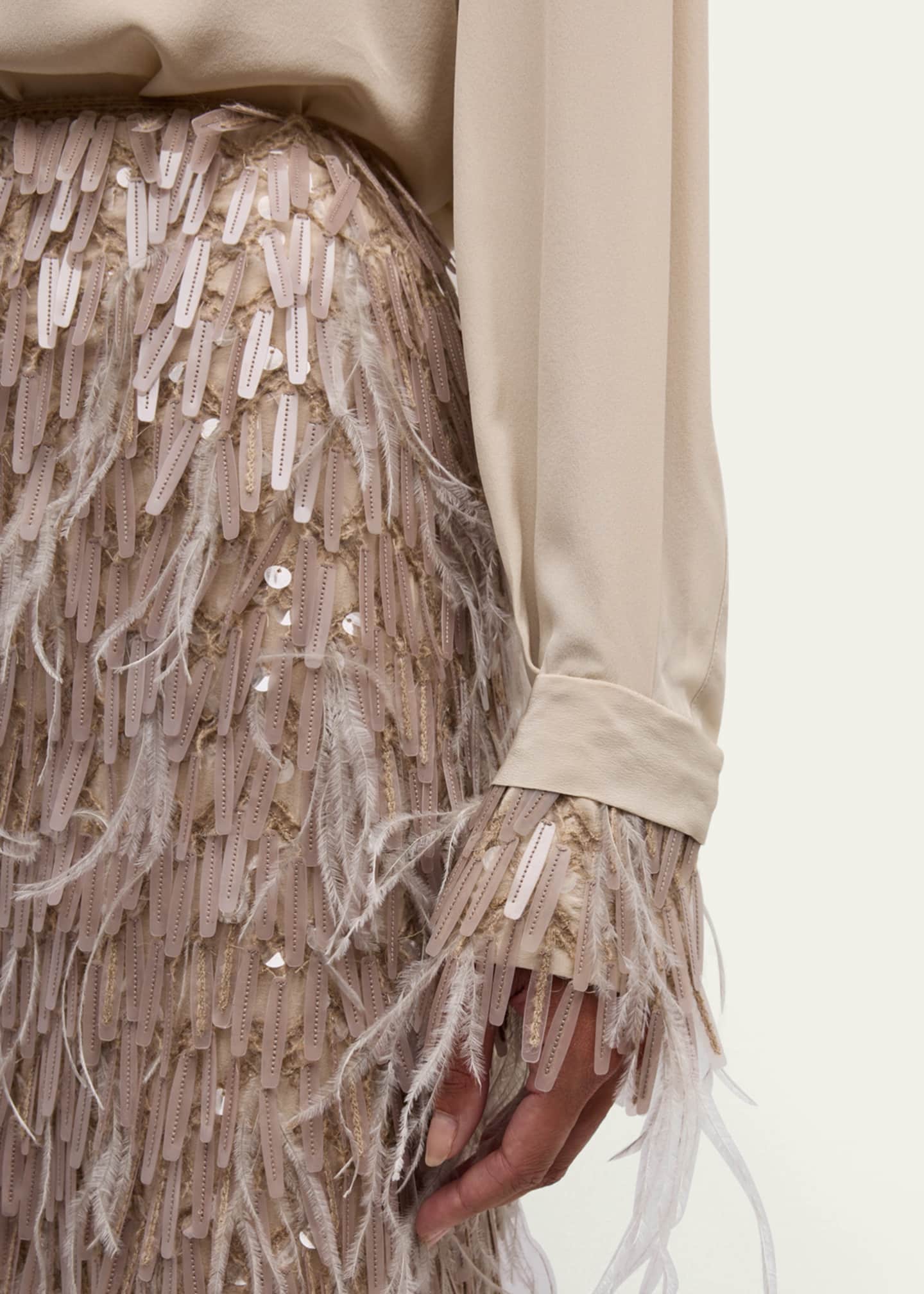 Brunello Cucinelli Chandelier Feather-Cuff Crepe De Chine Blouse Image 5 of 5