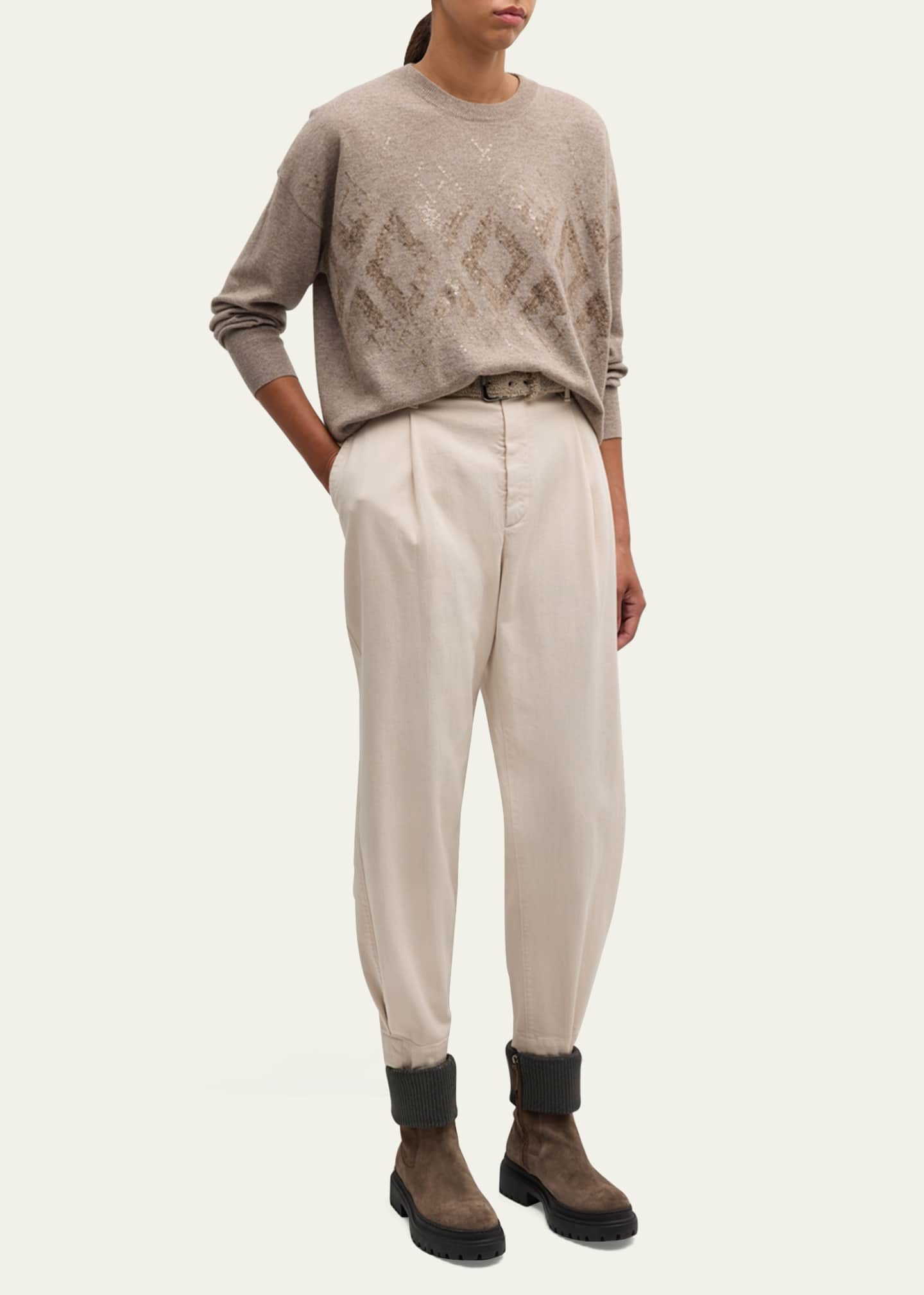 Brunello Cucinelli Two-Tone Cashmere Crewneck with Mountain Mosaic Sequins Image 2 of 4