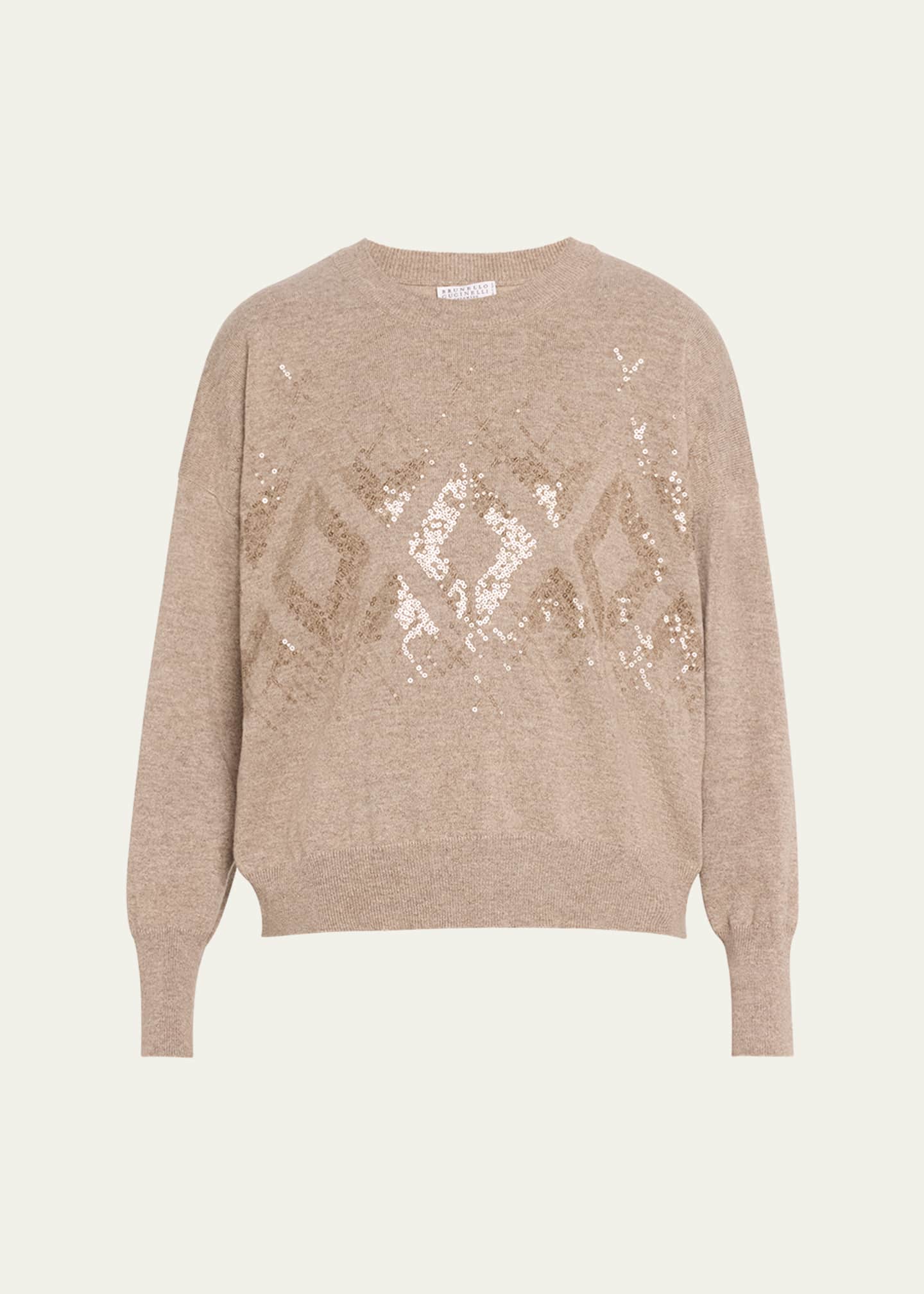 Brunello Cucinelli Two-Tone Cashmere Crewneck with Mountain Mosaic Sequins Image 1 of 4