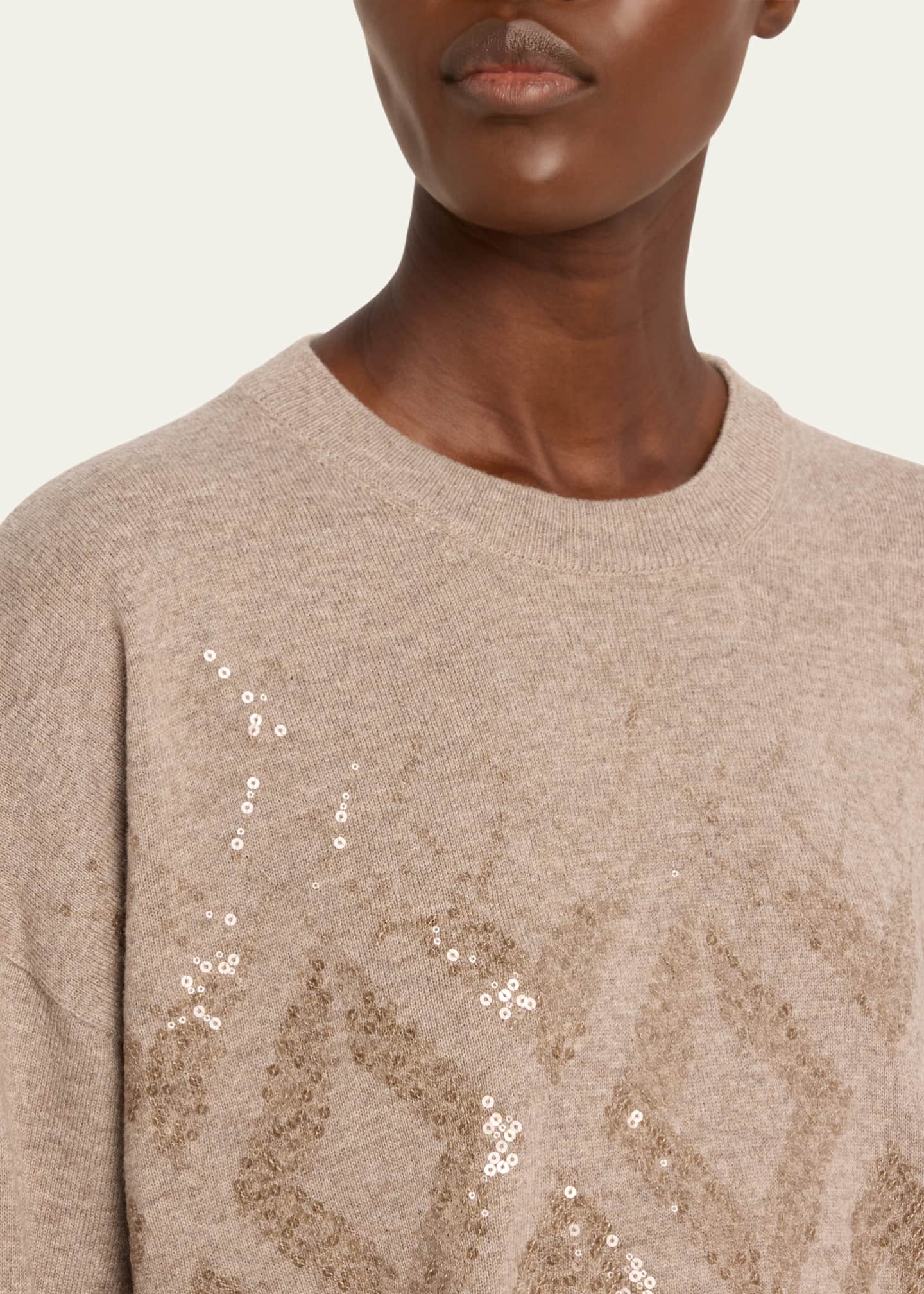 Brunello Cucinelli Two-Tone Cashmere Crewneck with Mountain Mosaic Sequins Image 4 of 4