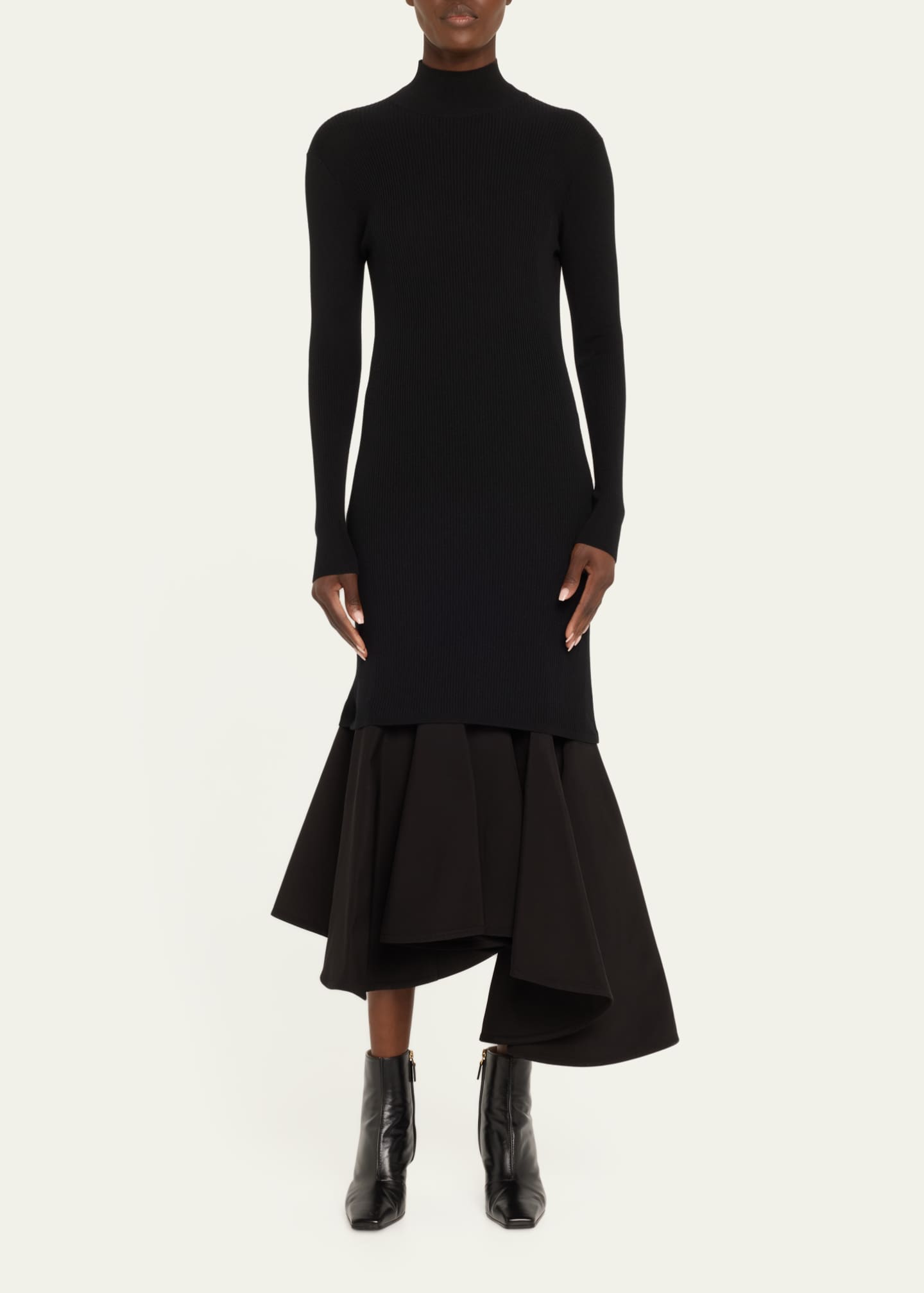 Bottega Veneta Asymmetric Mixed-Media Turtleneck Midi Dress Image 2 of 5