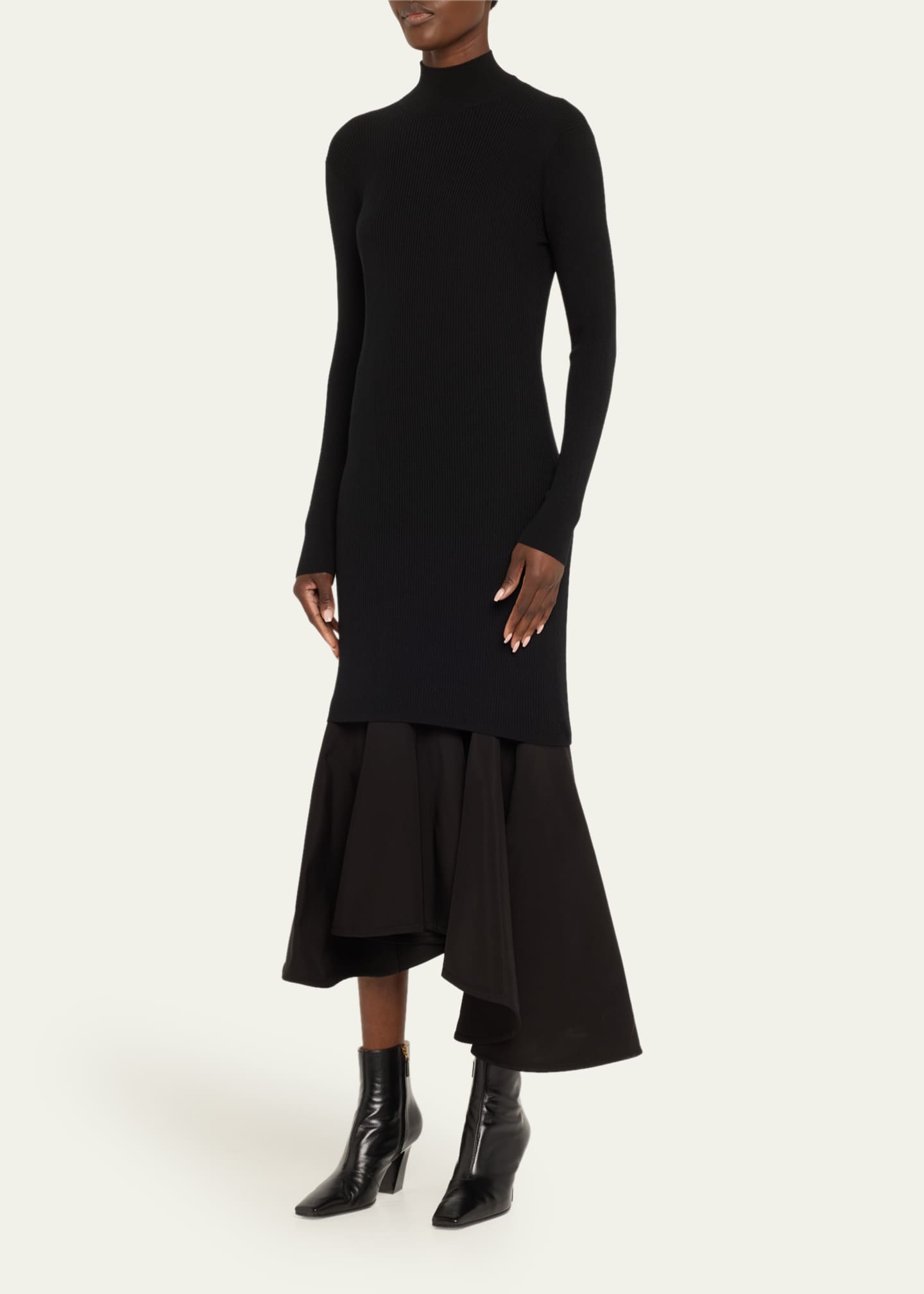 Bottega Veneta Asymmetric Mixed-Media Turtleneck Midi Dress Image 4 of 5