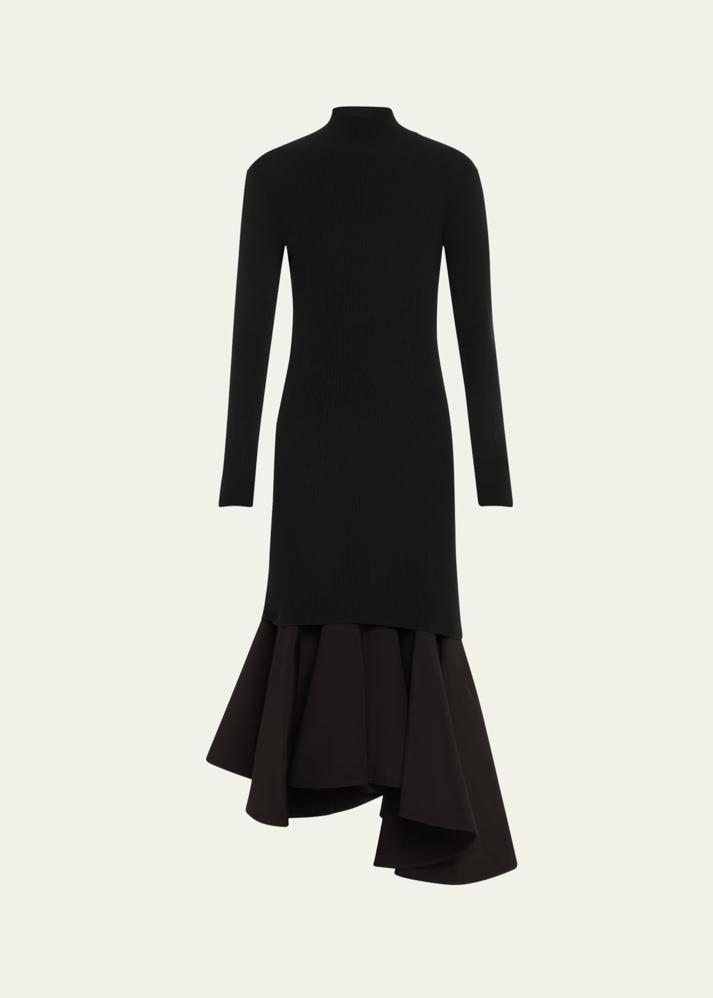 Bottega Veneta Asymmetric Mixed-Media Turtleneck Midi Dress Image 1 of 5