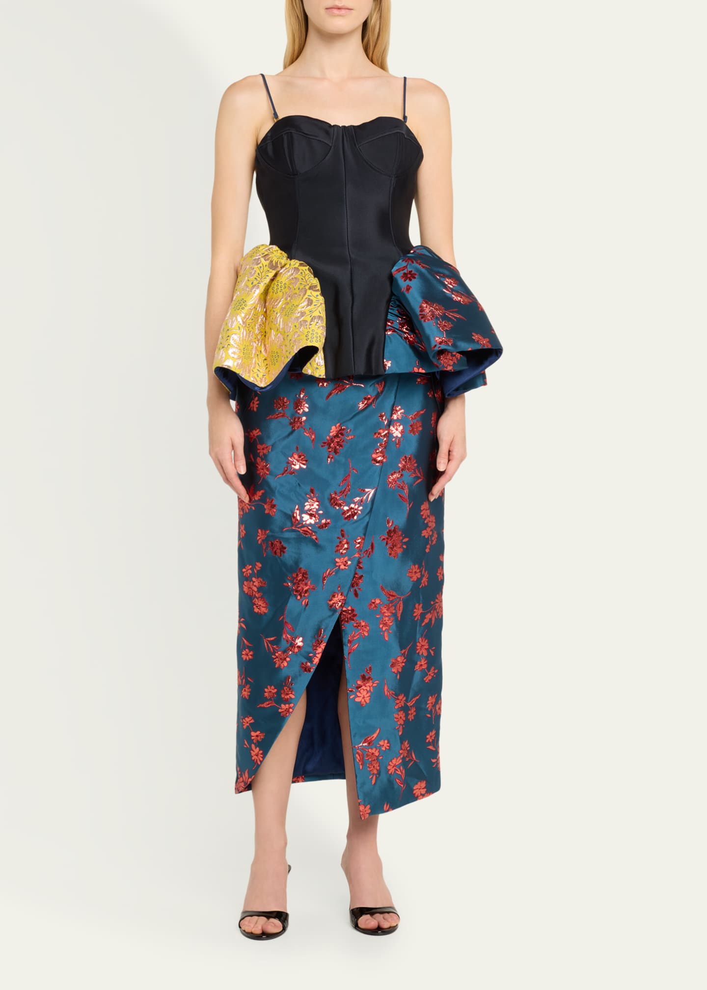 HARBISON Arista Wrap-Front Satin Brocade Midi Skirt Image 2 of 5