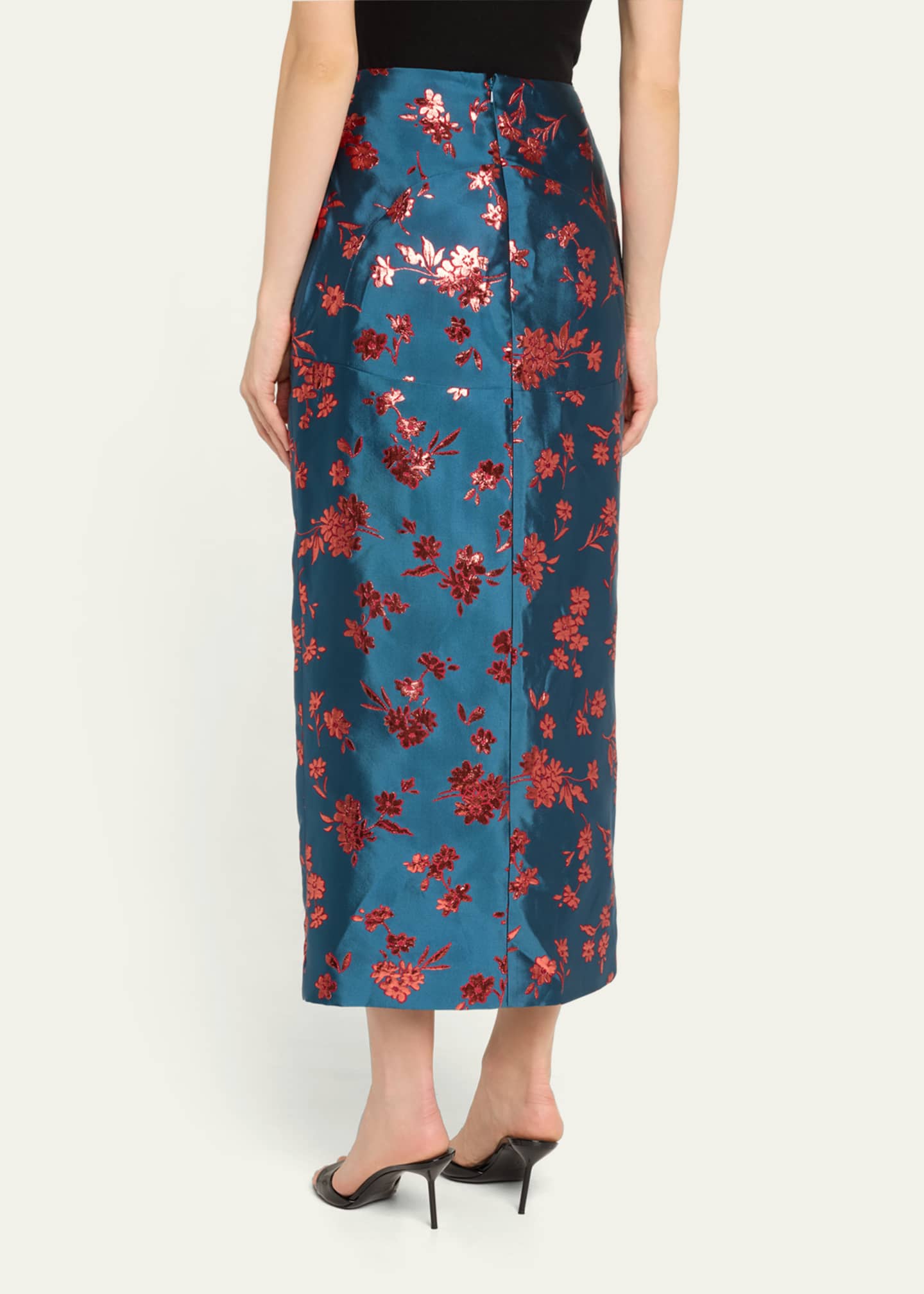 HARBISON Arista Wrap-Front Satin Brocade Midi Skirt Image 3 of 5
