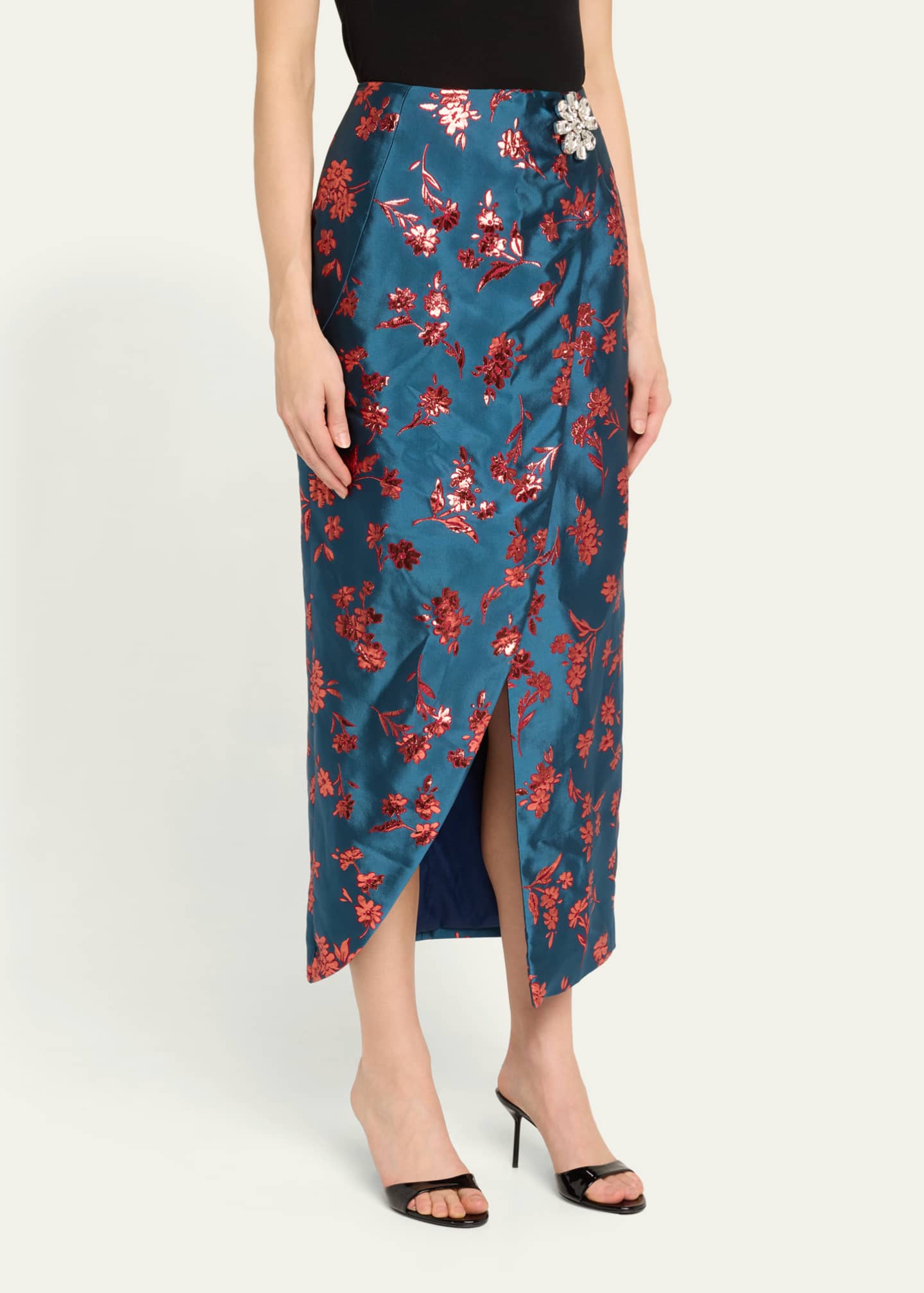 HARBISON Arista Wrap-Front Satin Brocade Midi Skirt Image 4 of 5