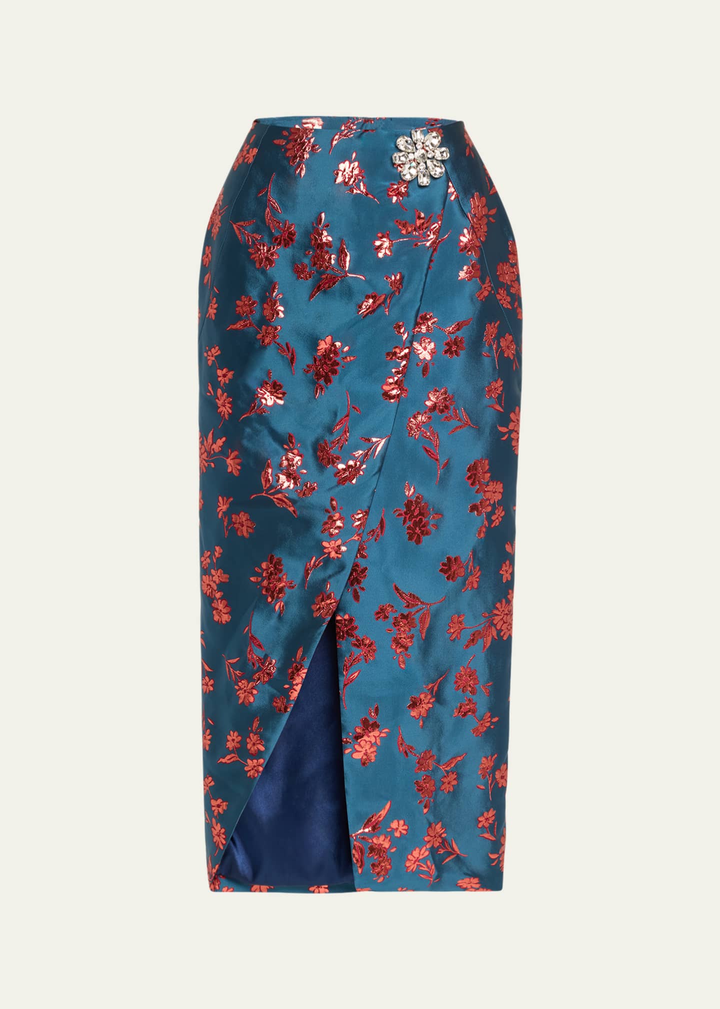 HARBISON Arista Wrap-Front Satin Brocade Midi Skirt Image 1 of 5