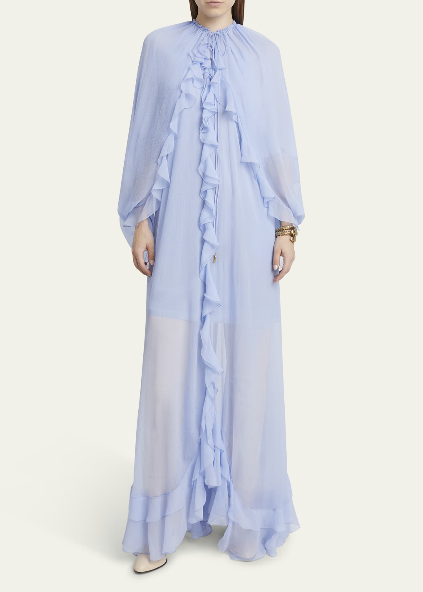 Chloe Long Ruffle-Trim Silk Mousseline Dress Image 2 of 5