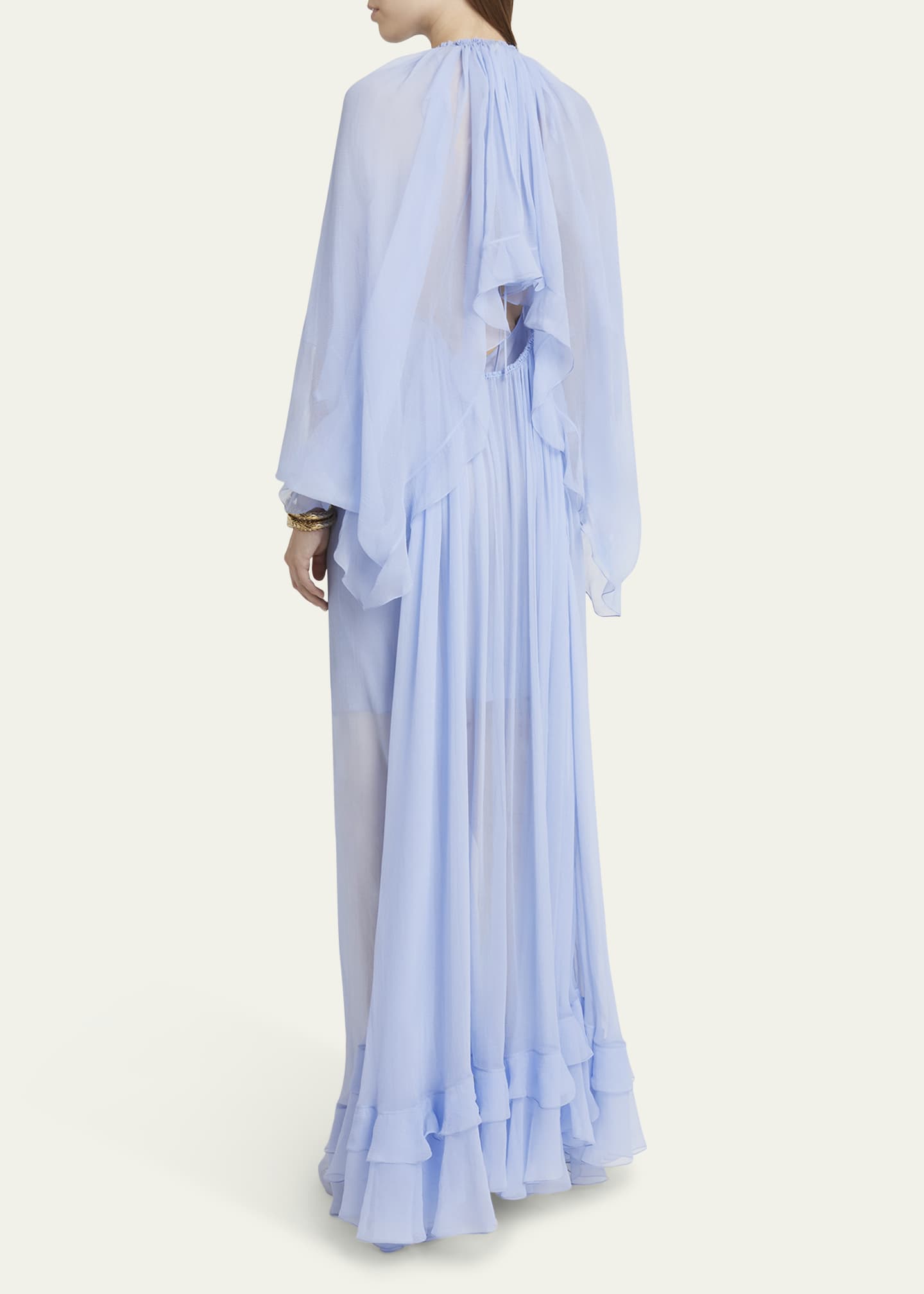 Chloe Long Ruffle-Trim Silk Mousseline Dress Image 3 of 5