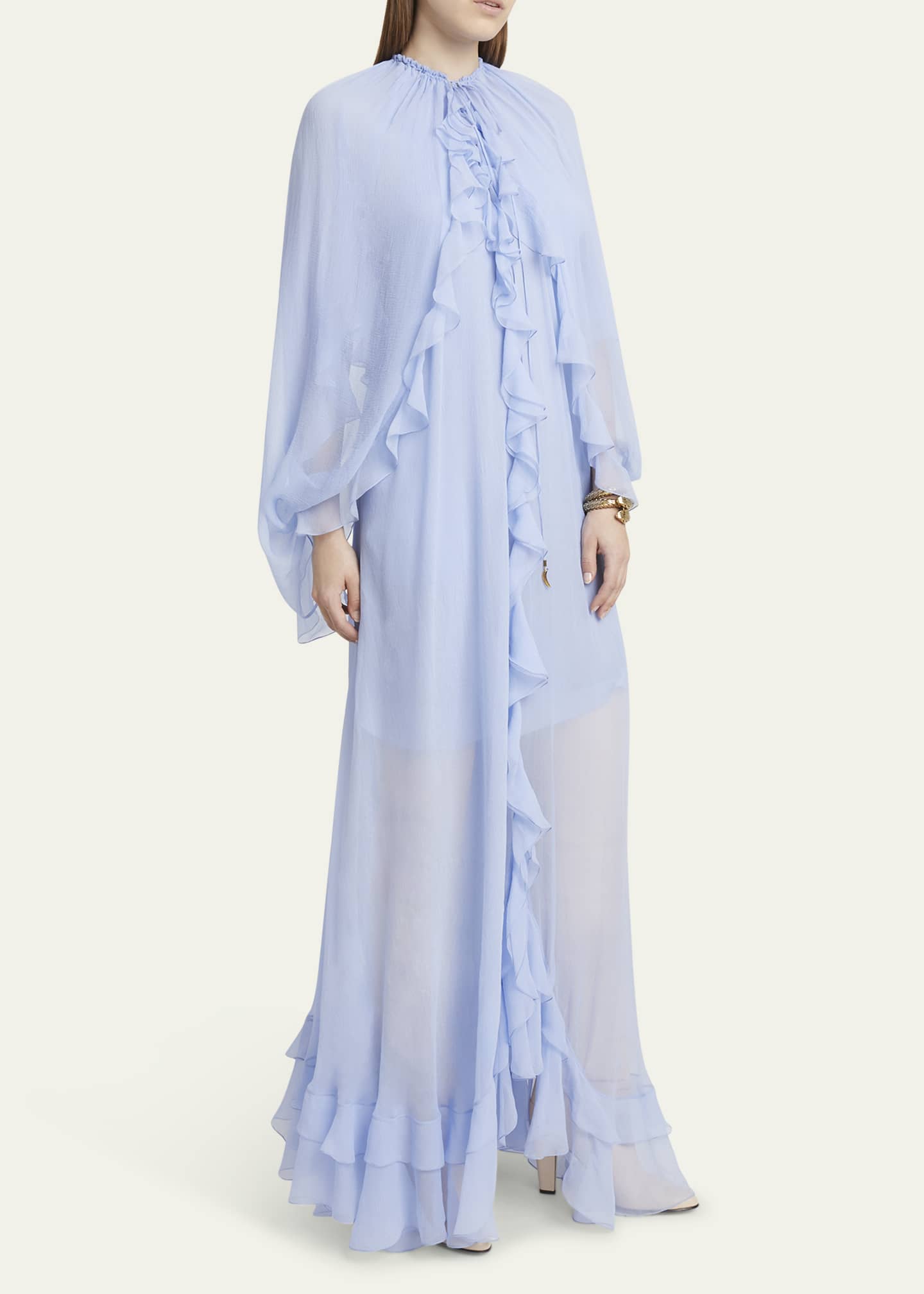 Chloe Long Ruffle-Trim Silk Mousseline Dress Image 4 of 5