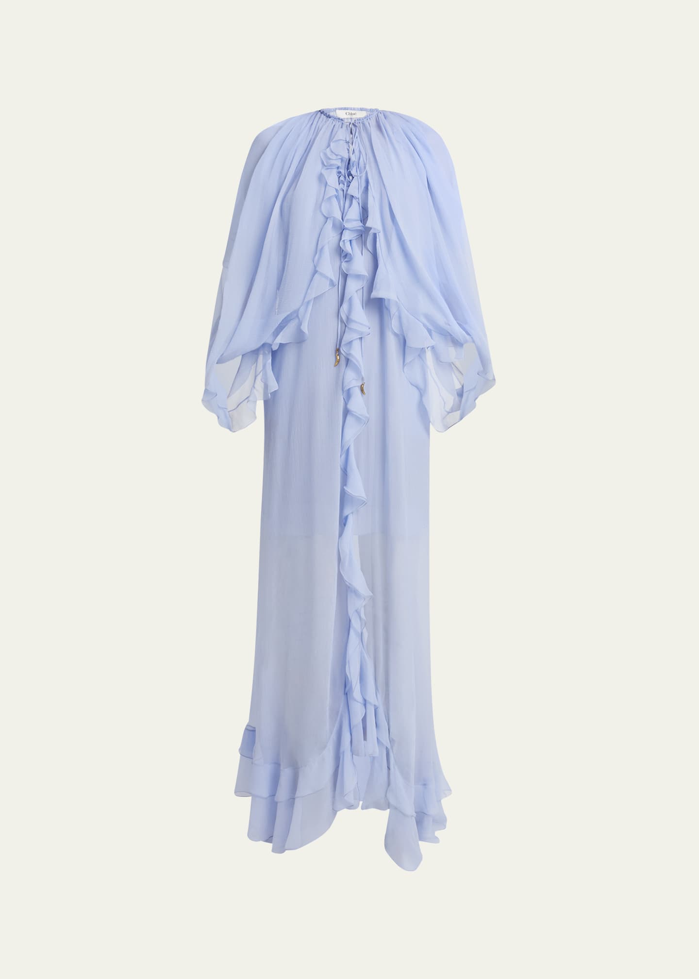 Chloe Long Ruffle-Trim Silk Mousseline Dress Image 1 of 5