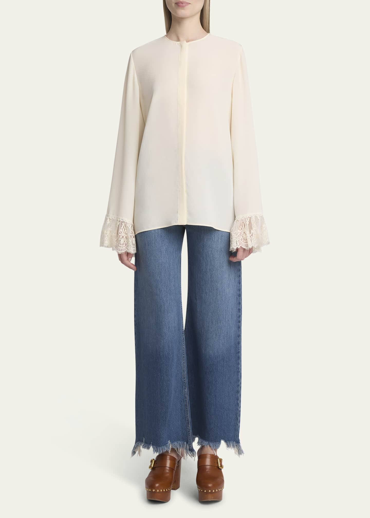 Chloe Button Down Crepe De Chine Top with Lace Sleeves Image 2 of 5