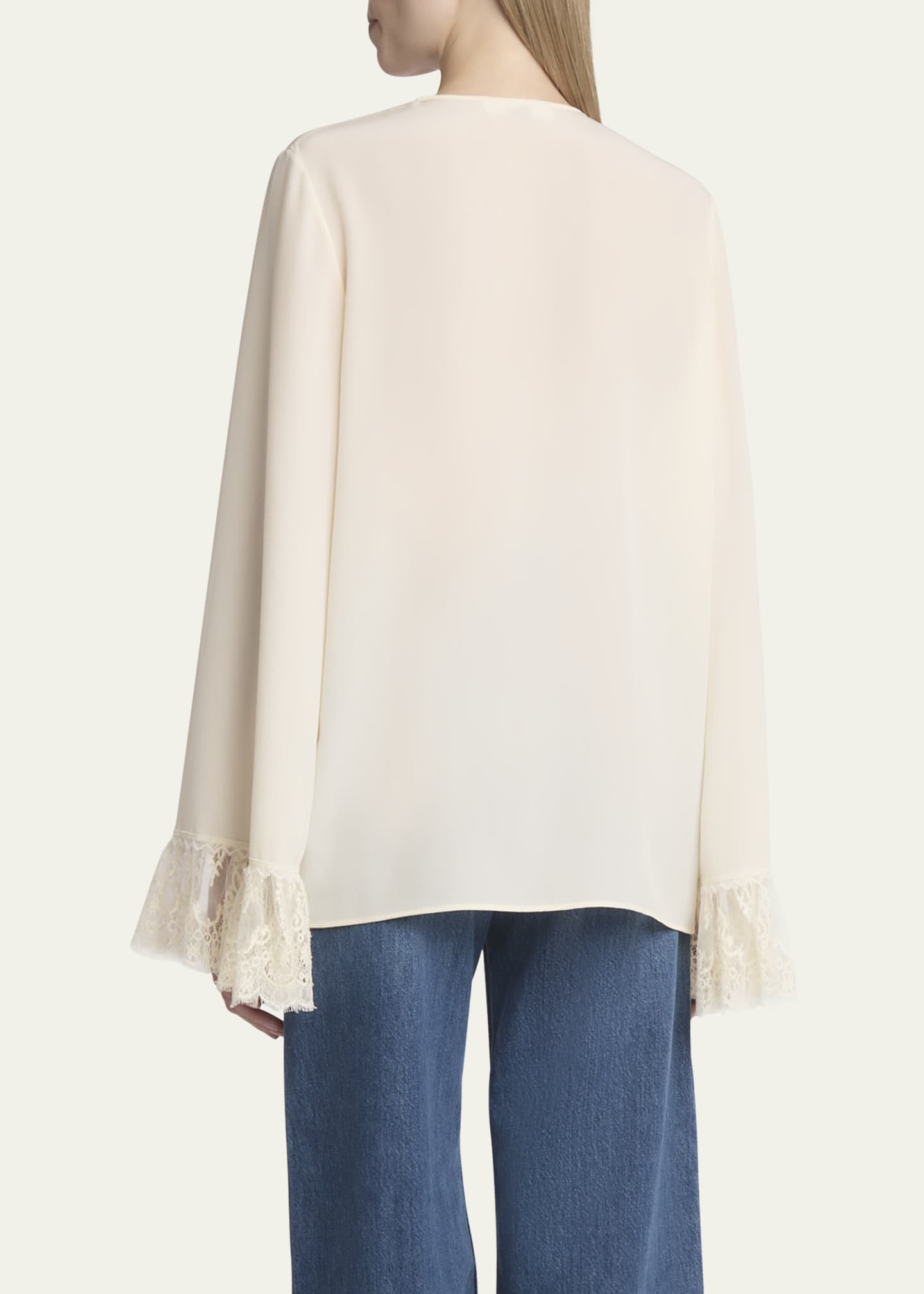 Chloe Button Down Crepe De Chine Top with Lace Sleeves Image 3 of 5