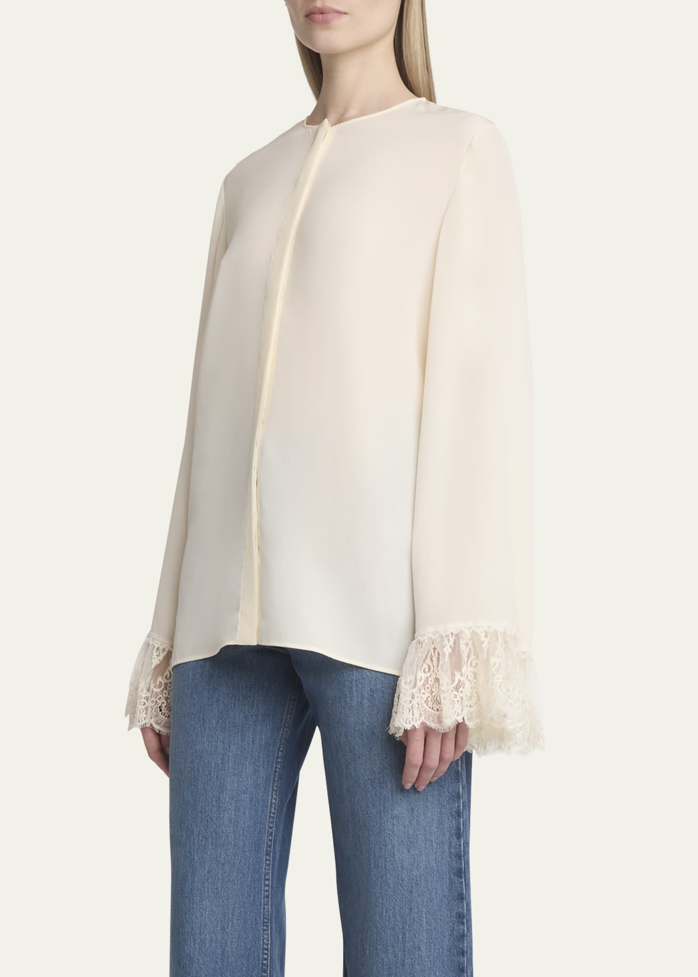 Chloe Button Down Crepe De Chine Top with Lace Sleeves Image 4 of 5