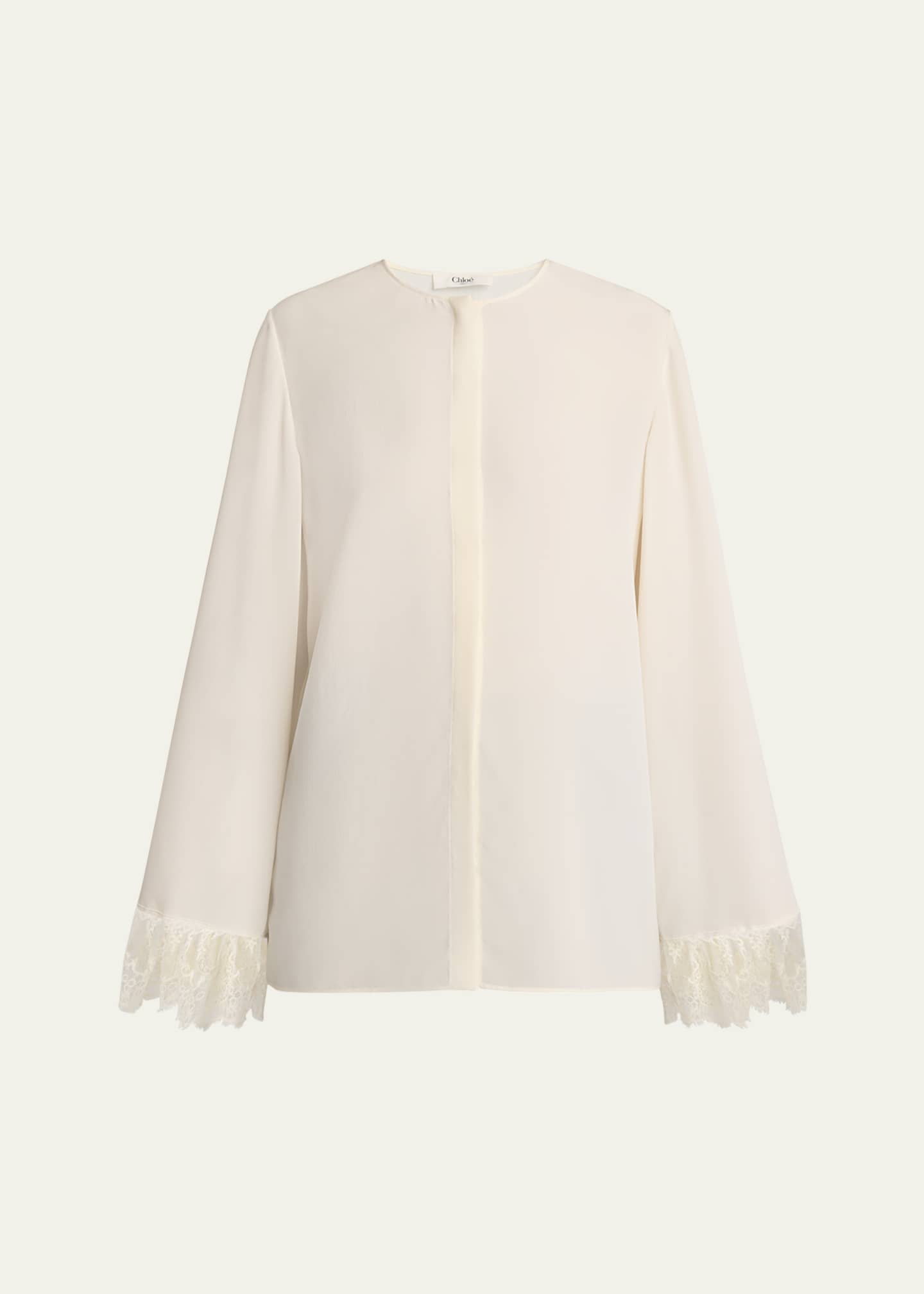 Chloe Button Down Crepe De Chine Top with Lace Sleeves Image 1 of 5
