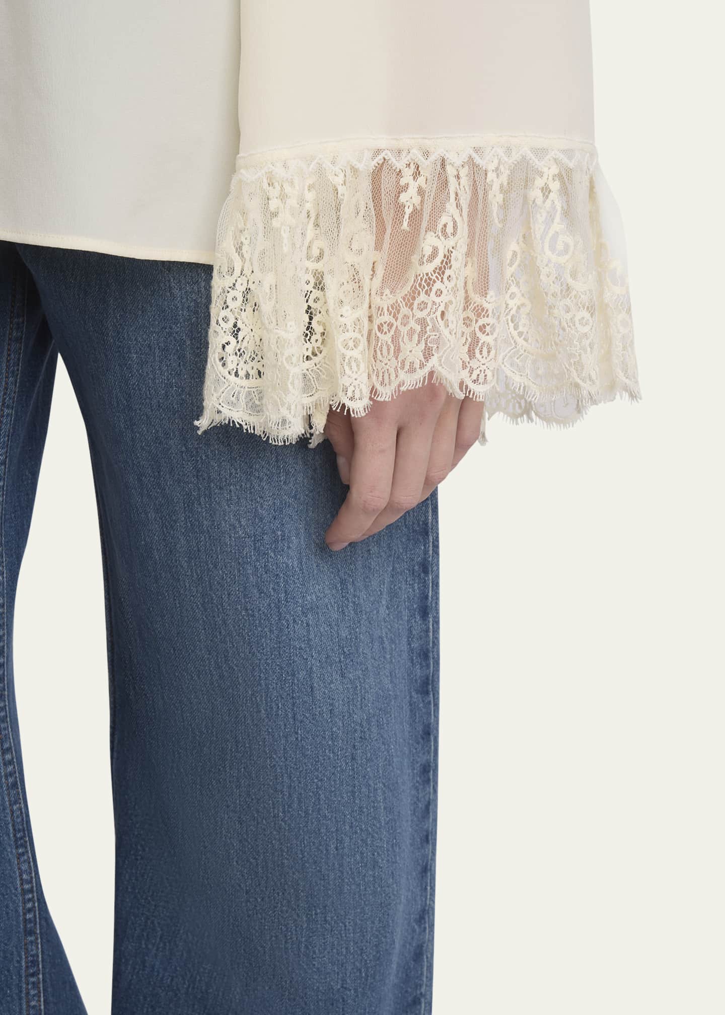 Chloe Button Down Crepe De Chine Top with Lace Sleeves Image 5 of 5