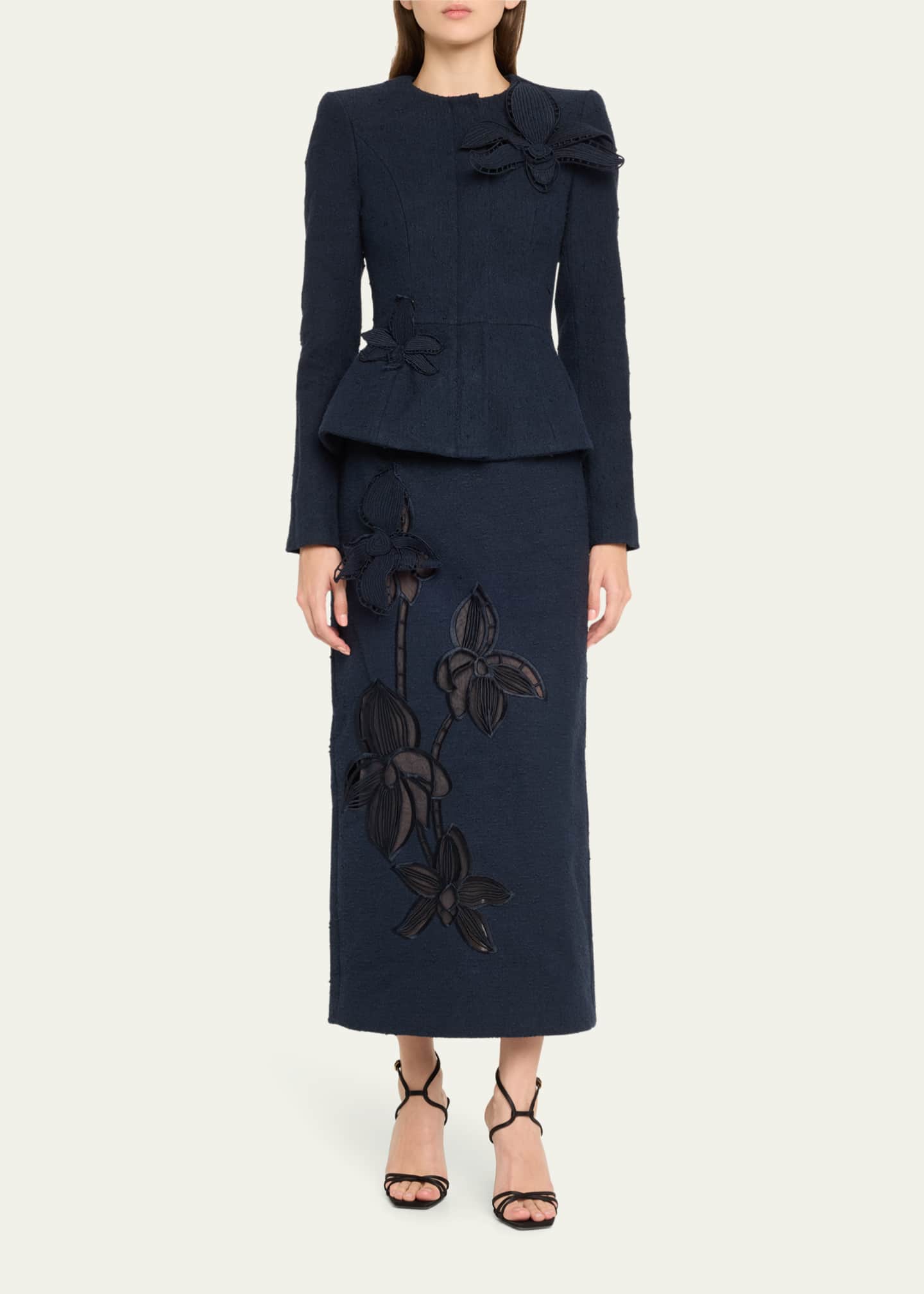 Oscar de la Renta Tweed Wool Orchid Embroidered Skirt Image 2 of 5