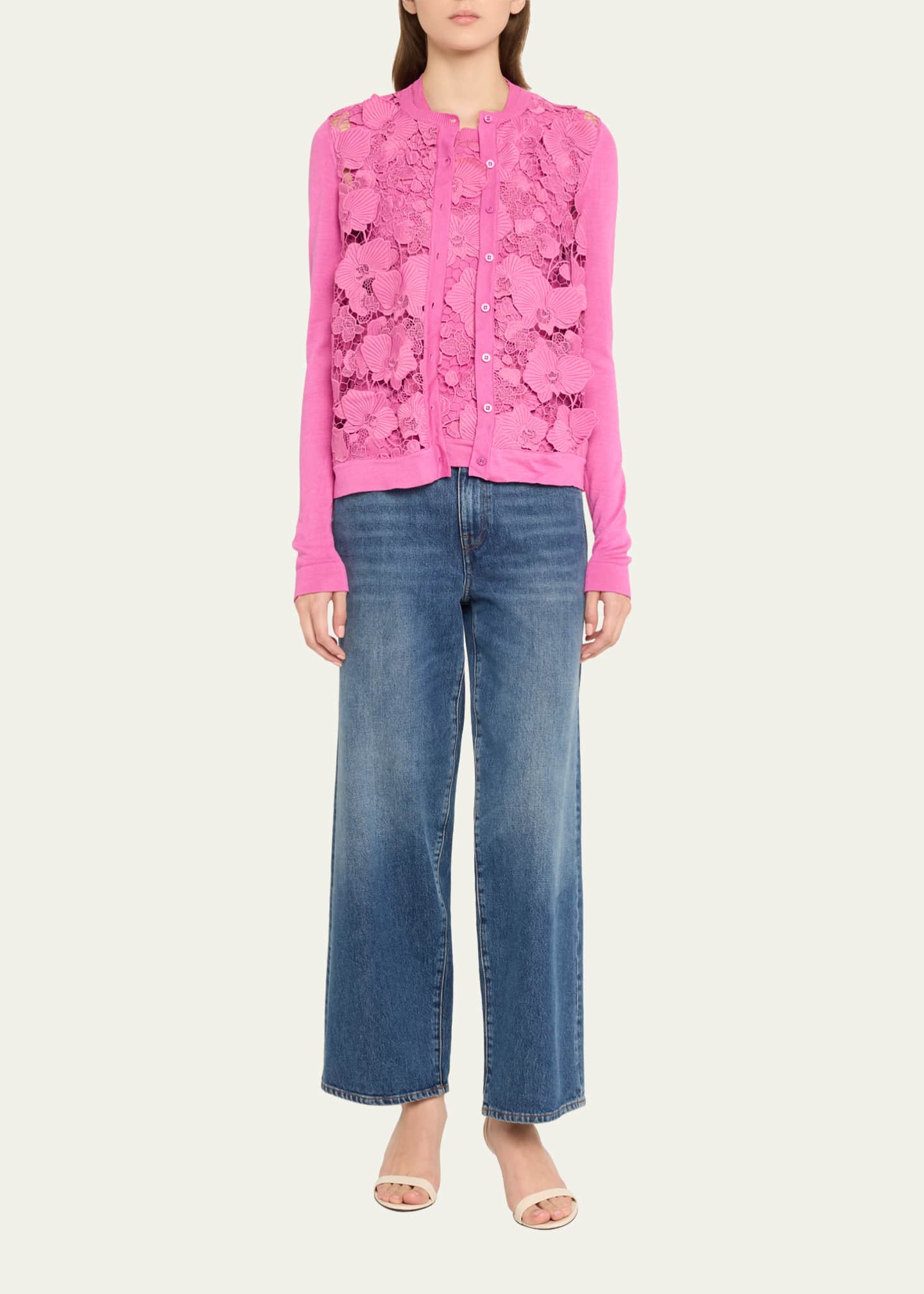 Oscar de la Renta Orchid Guipure Inset Cardigan Image 2 of 5