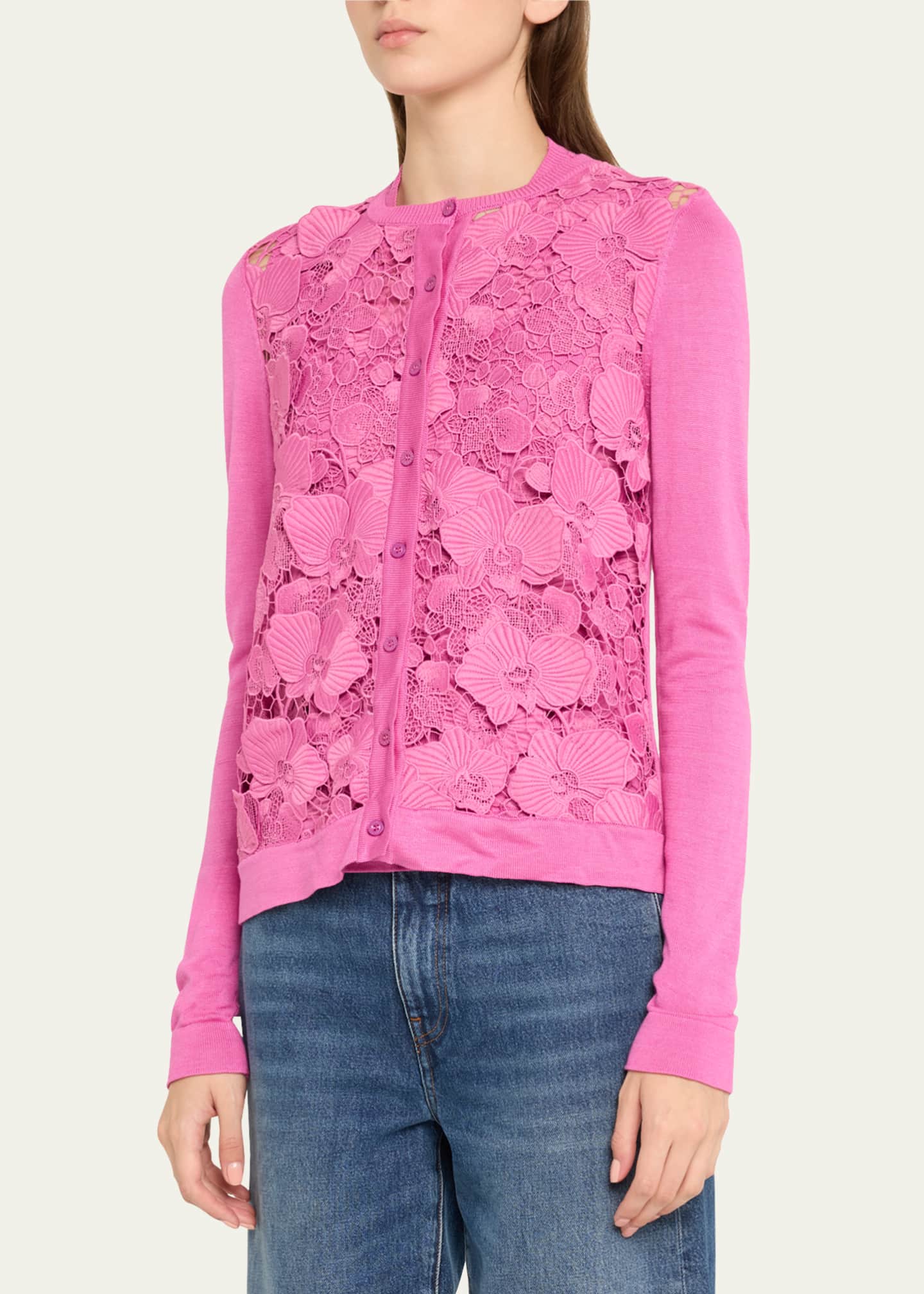 Oscar de la Renta Orchid Guipure Inset Cardigan Image 4 of 5