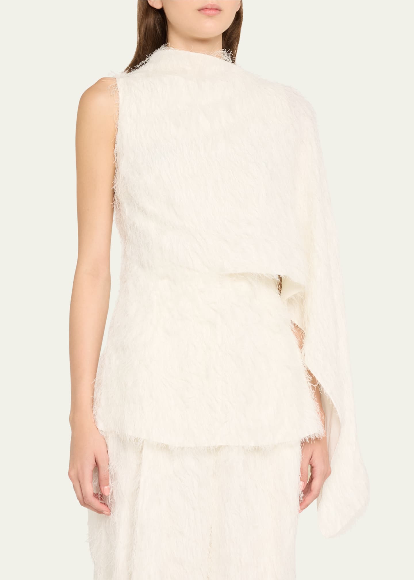 Oscar de la Renta One-Shoulder Drape Fringe Fil Coupe Blouse Image 4 of 5