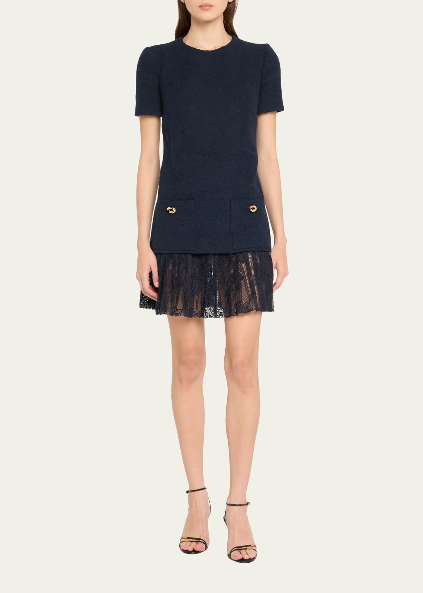 Oscar de la Renta Tweed Pleated Lace Mini Dress Image 2 of 5