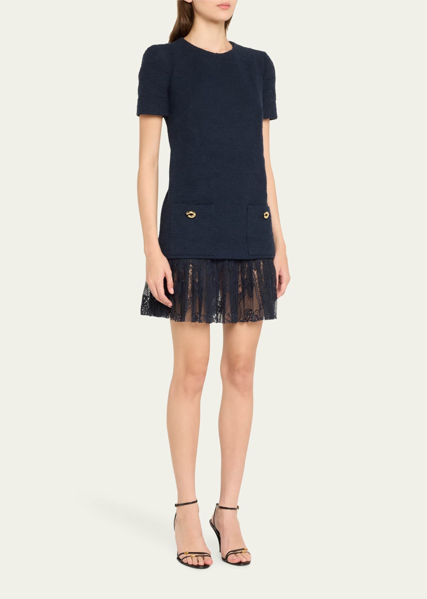 Oscar de la Renta Tweed Pleated Lace Mini Dress Image 4 of 5