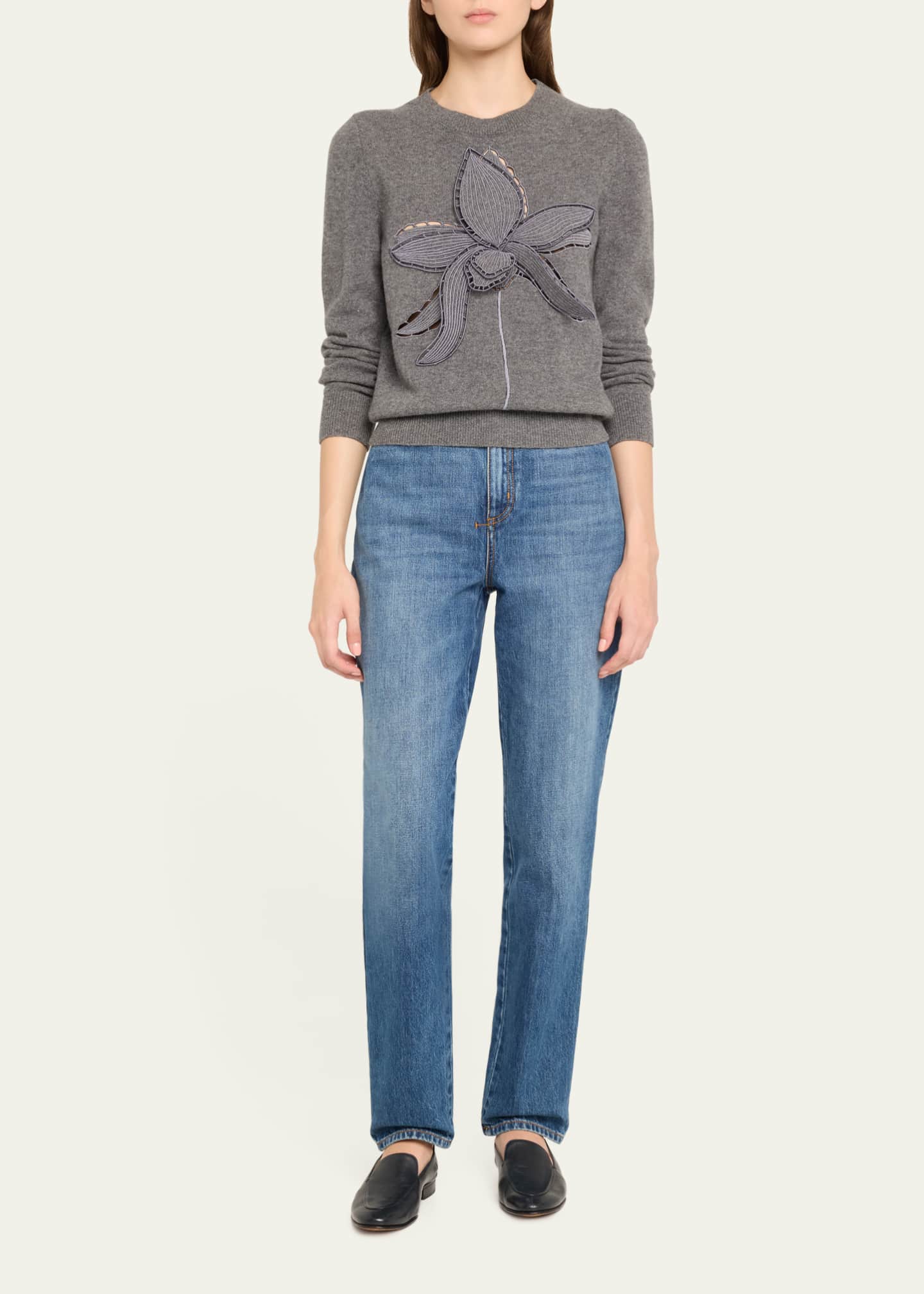Oscar de la Renta Orchid Embroidered Wool Sweater Image 2 of 5