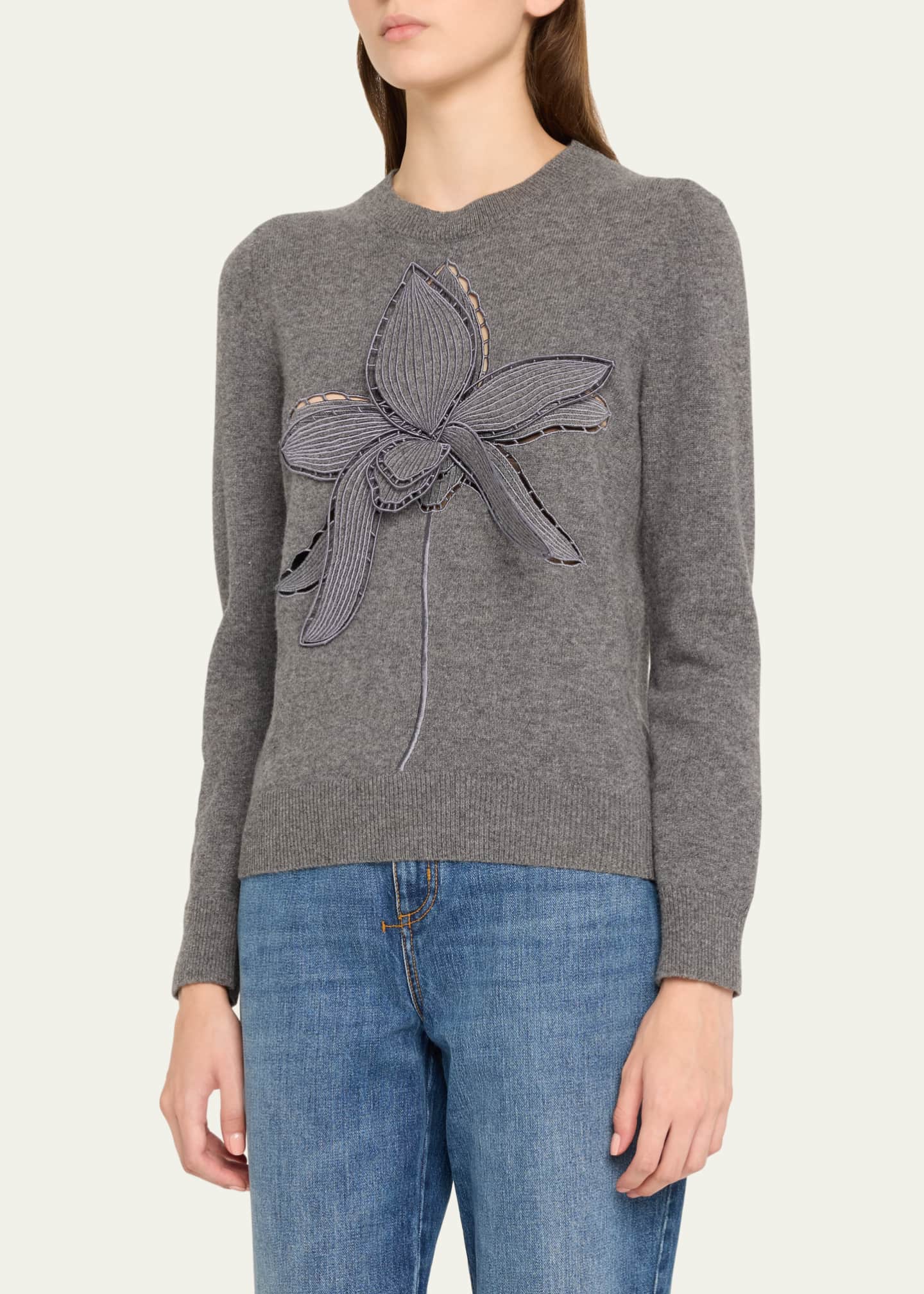 Oscar de la Renta Orchid Embroidered Wool Sweater Image 4 of 5