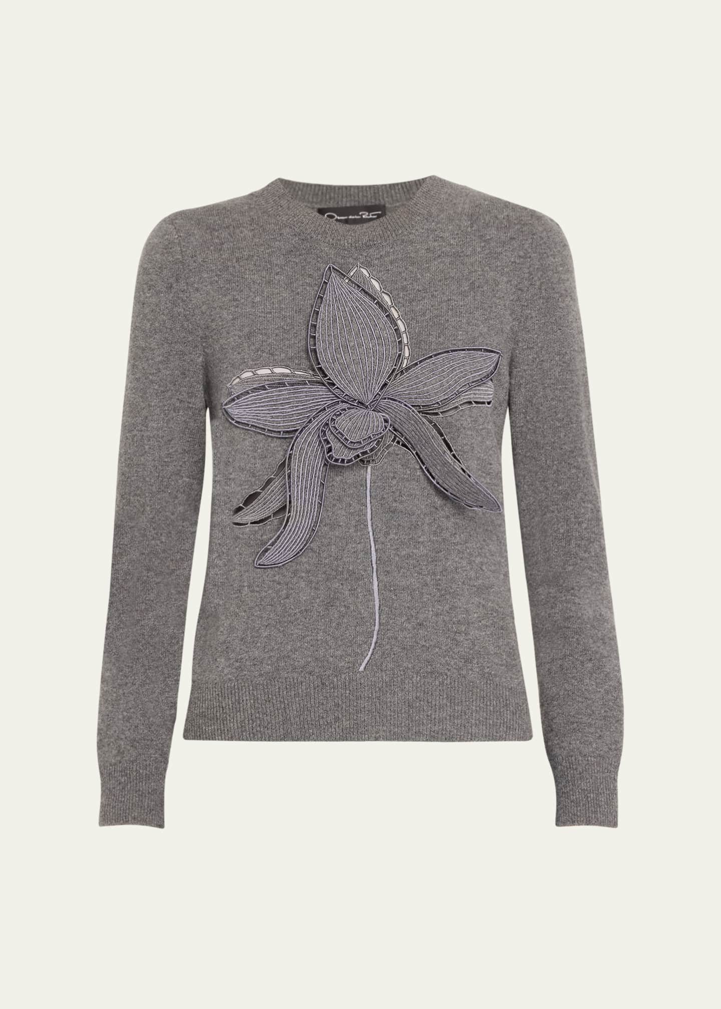 Oscar de la Renta Orchid Embroidered Wool Sweater Image 1 of 5