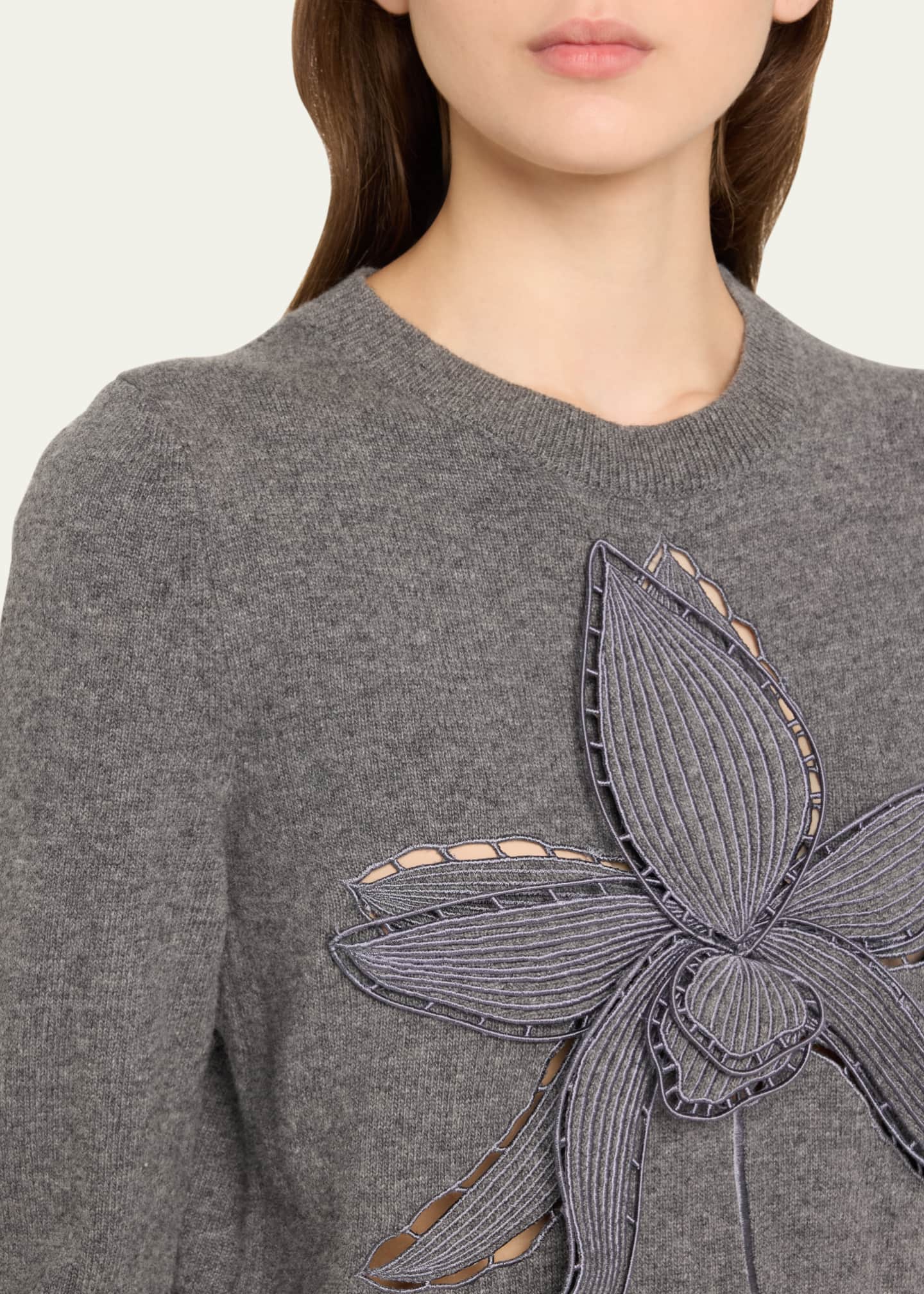 Oscar de la Renta Orchid Embroidered Wool Sweater Image 5 of 5
