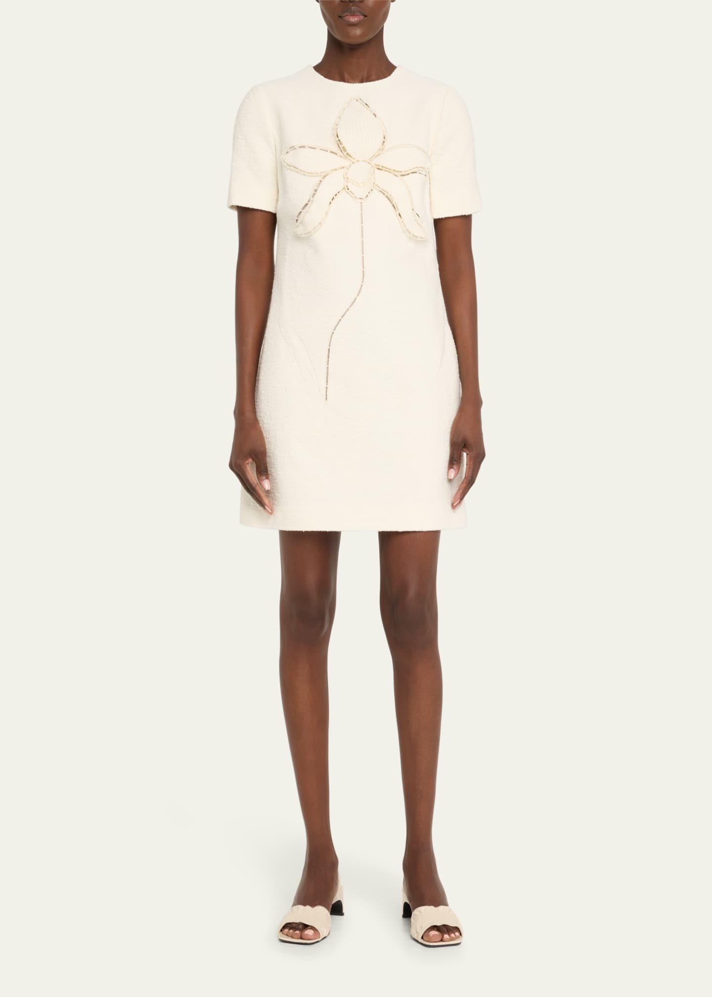 Floral Embroidered Short Cotton Tweed Shift Dress