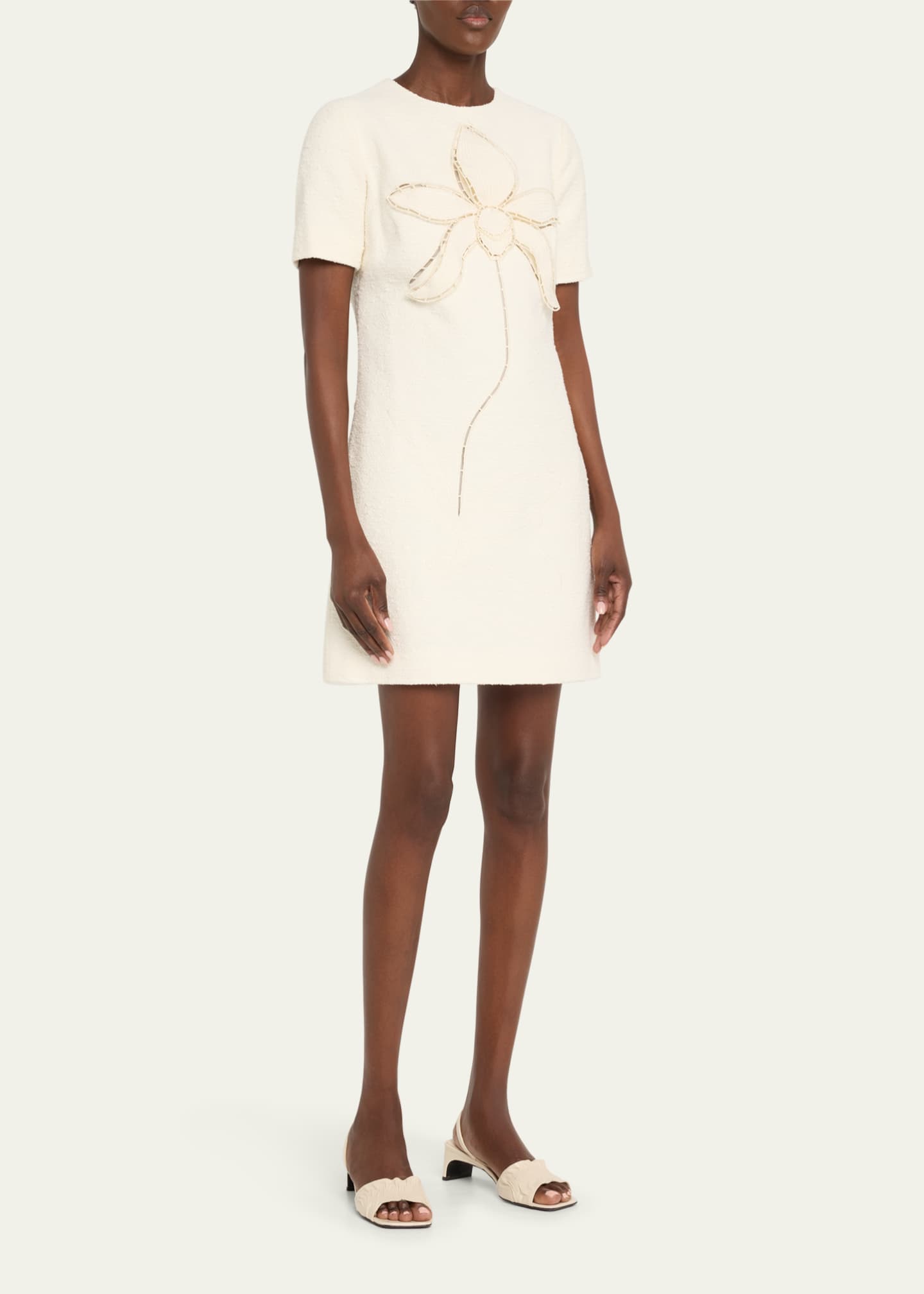 Floral Embroidered Short Cotton Tweed Shift Dress