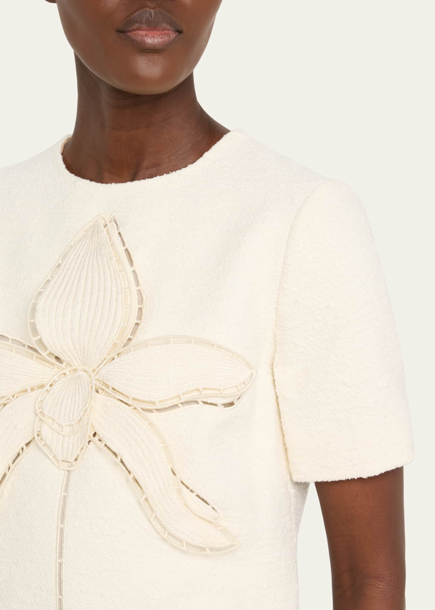Floral Embroidered Short Cotton Tweed Shift Dress