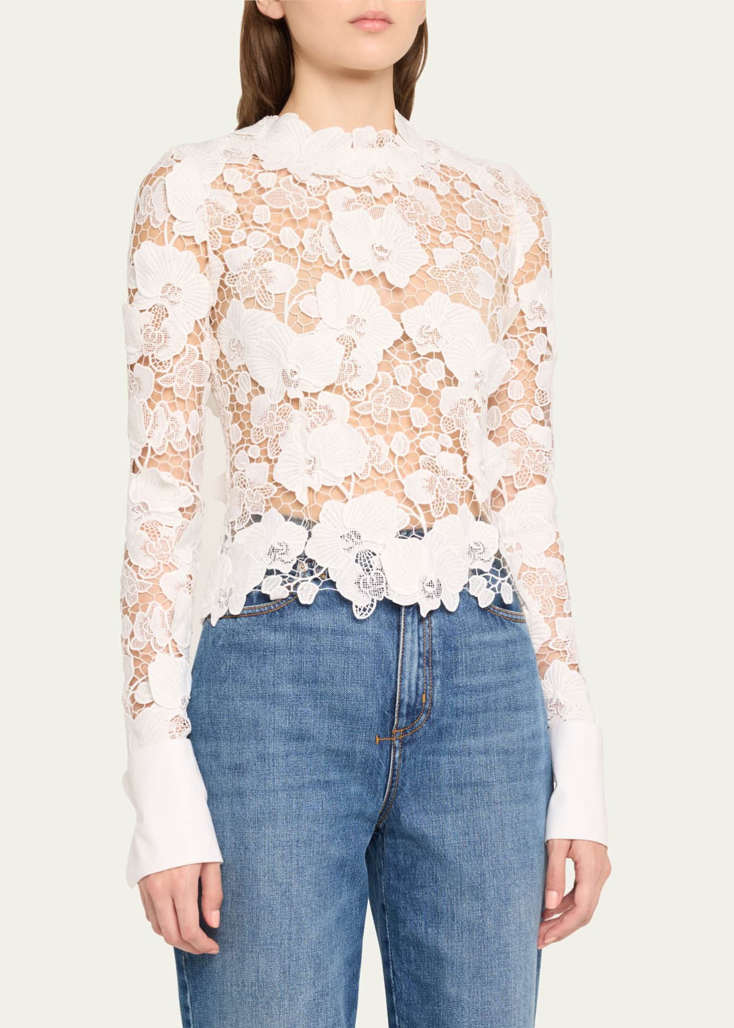 Oscar de la Renta Guipure Lace Long Sleeve Blouse Image 4 of 5