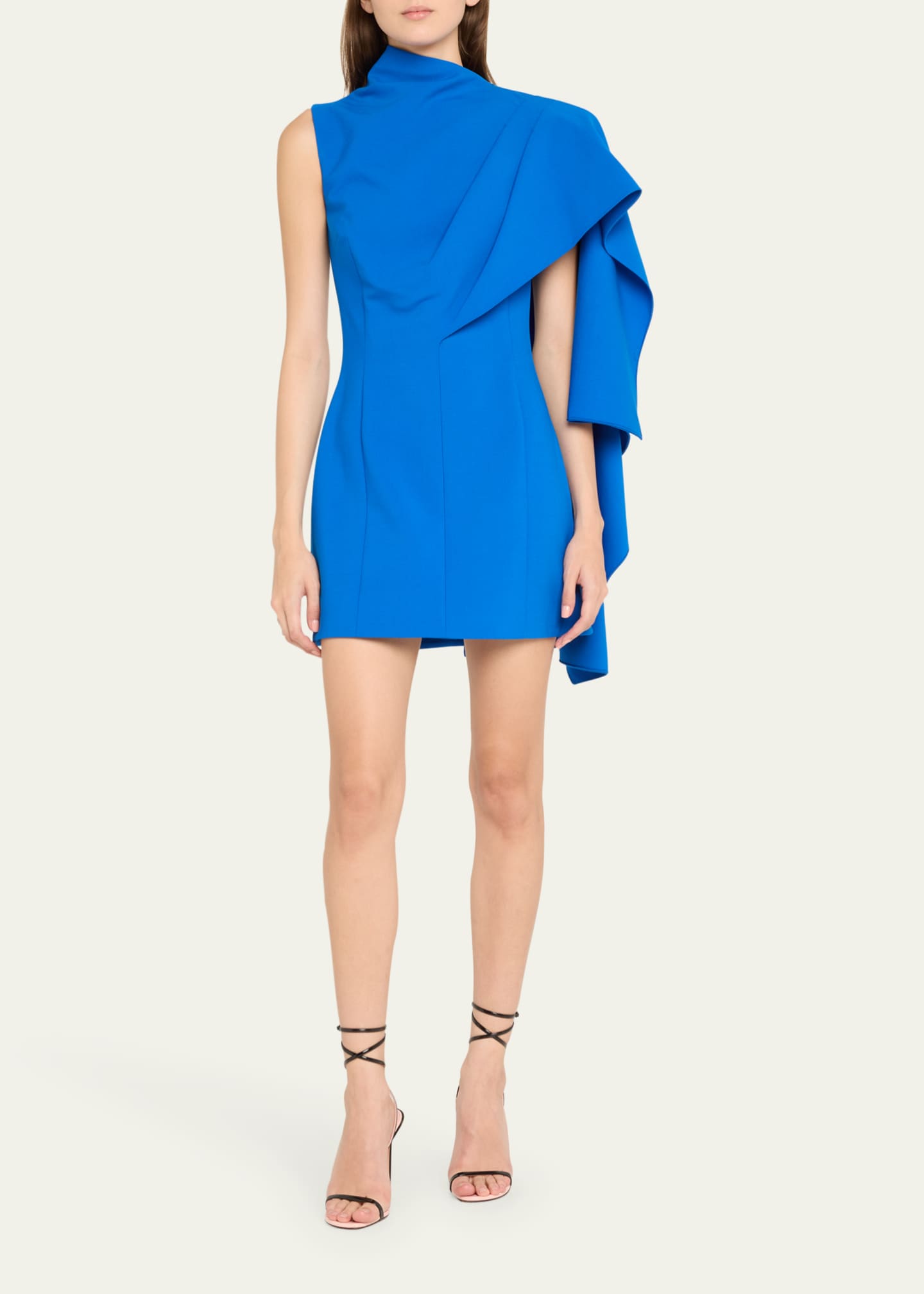 Oscar de la Renta One Shoulder Cape Detail Stretch Wool Mini Dress Image 2 of 5