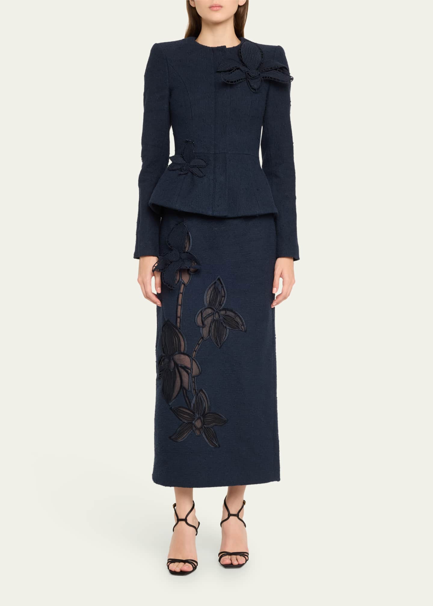 Oscar de la Renta Peplum Orchid Applique Wool Tweed Jacket Image 2 of 5