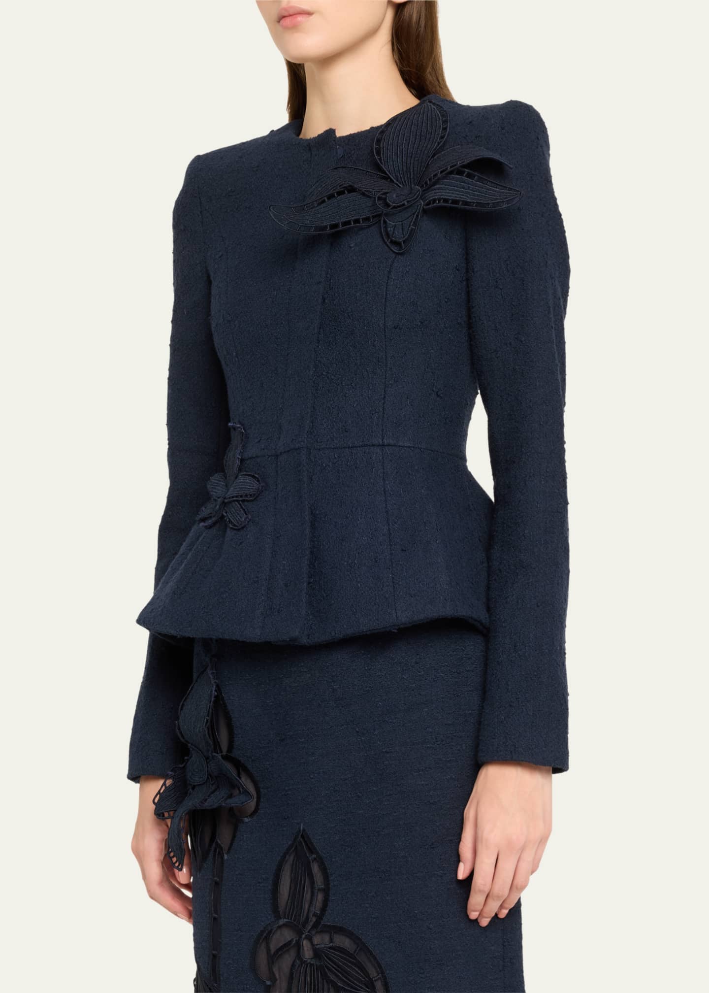 Oscar de la Renta Peplum Orchid Applique Wool Tweed Jacket Image 4 of 5