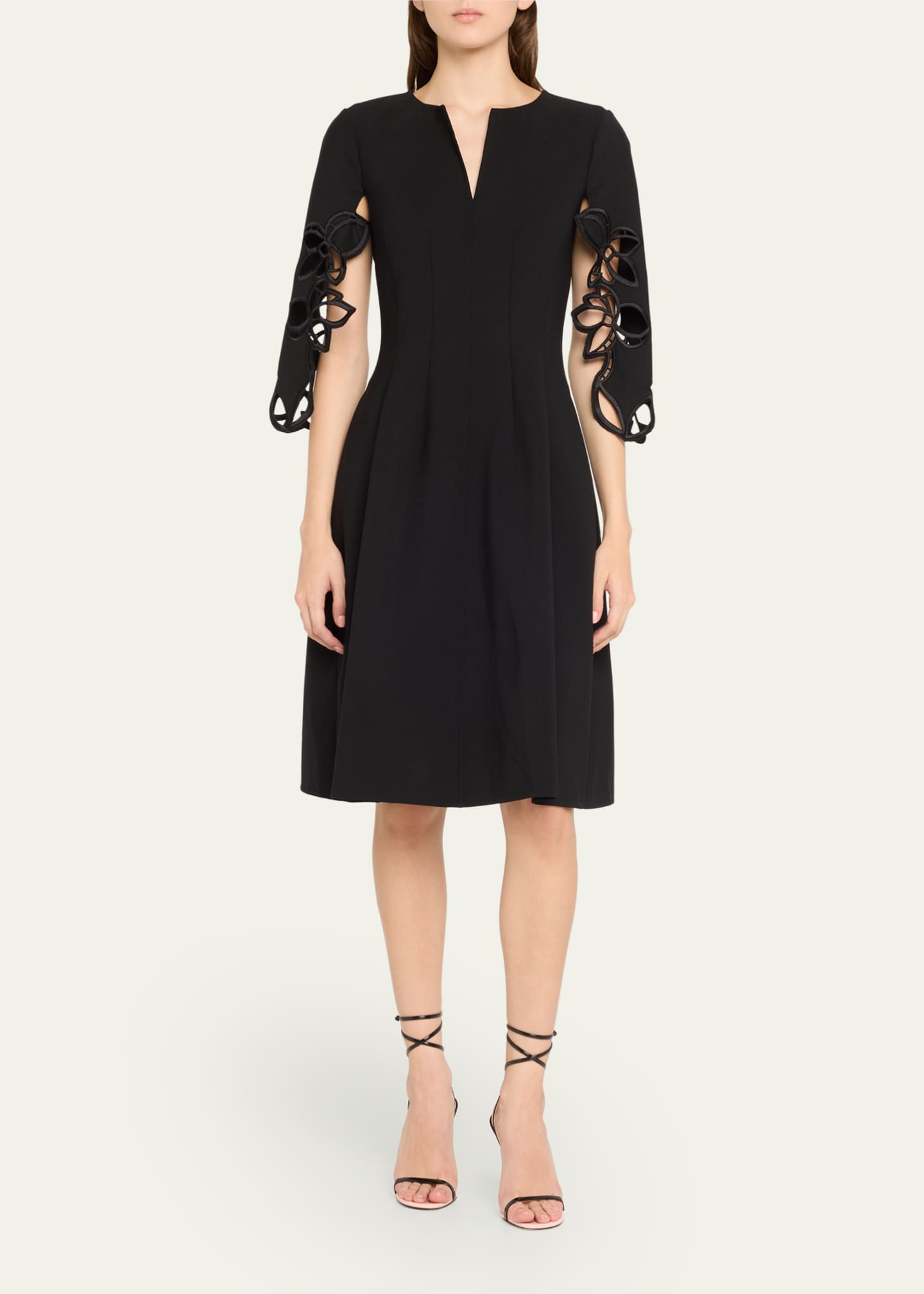 Oscar de la Renta Lace Embroidered Three-Quarter Sleeve Wool Dress Image 2 of 5