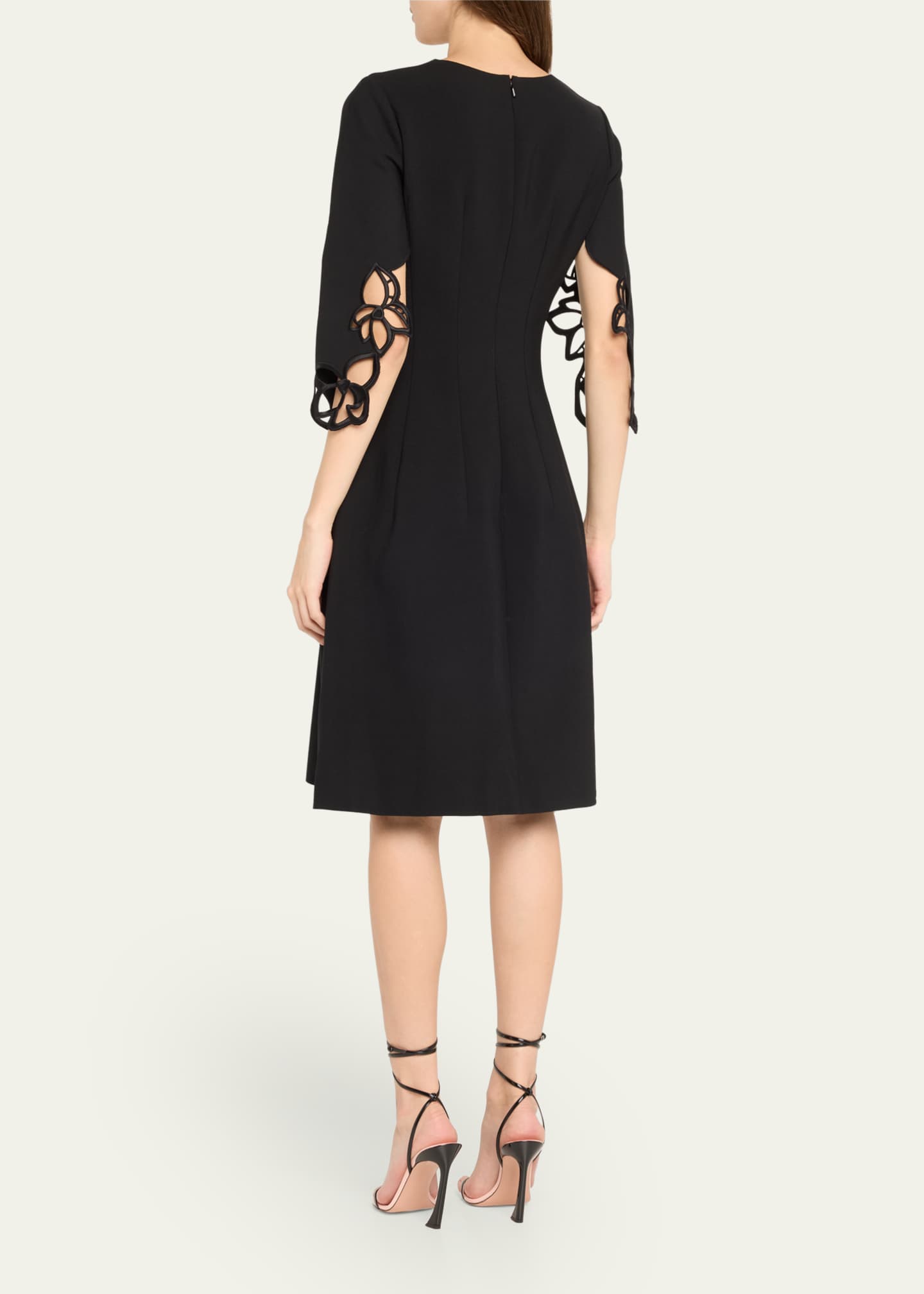Oscar de la Renta Lace Embroidered Three-Quarter Sleeve Wool Dress Image 3 of 5