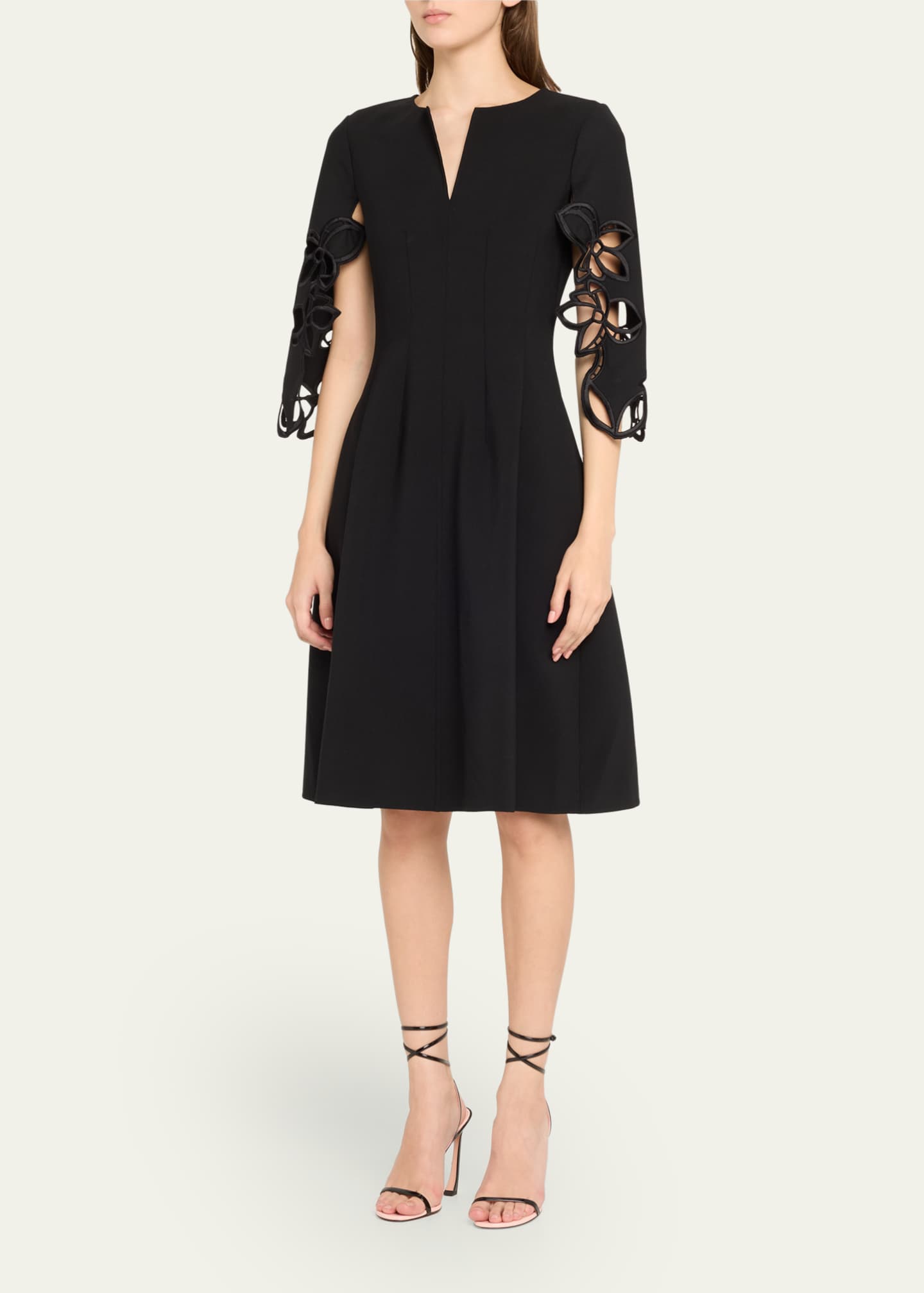 Oscar de la Renta Lace Embroidered Three-Quarter Sleeve Wool Dress Image 4 of 5