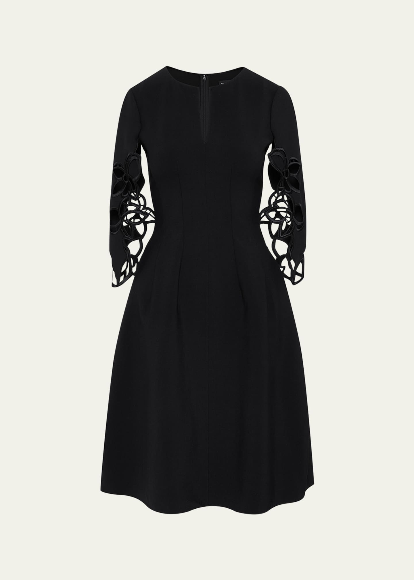 Oscar de la Renta Lace Embroidered Three-Quarter Sleeve Wool Dress Image 1 of 5