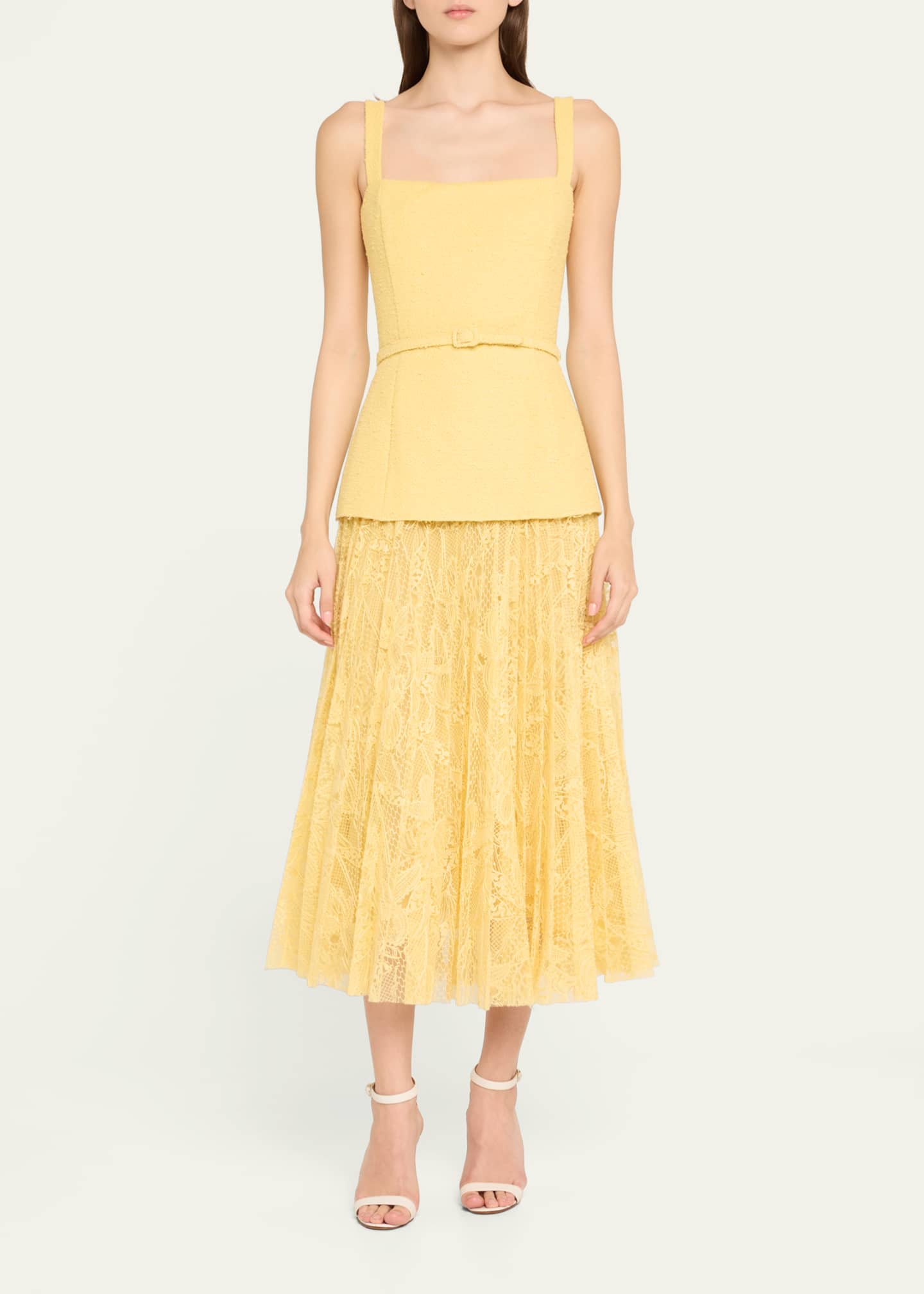 Square-Neck Tweed and Pleated Lace Midi Dress - Thumbnail 2