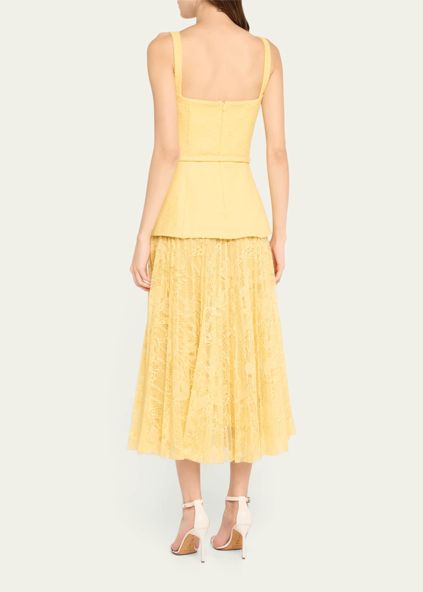 Square-Neck Tweed and Pleated Lace Midi Dress - Thumbnail 3